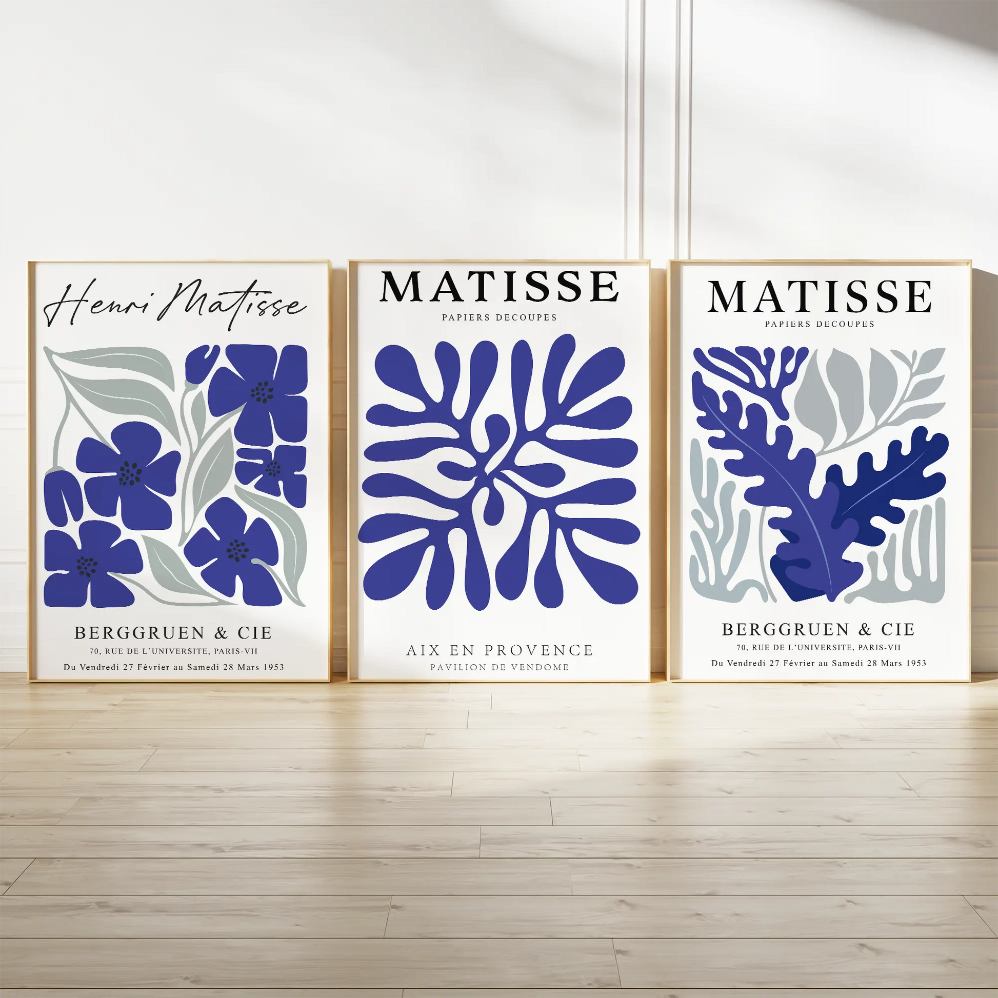 マティス切り絵風ブルー&グレー北欧アートポスター 3枚セット