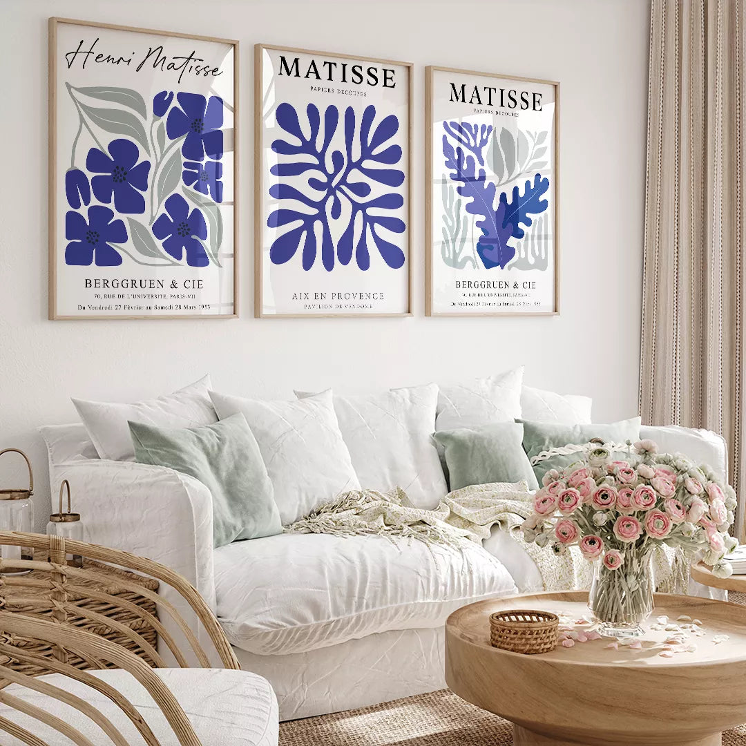 マティスの切り絵アート青い花と葉のモダンな3点セット展示ポスター