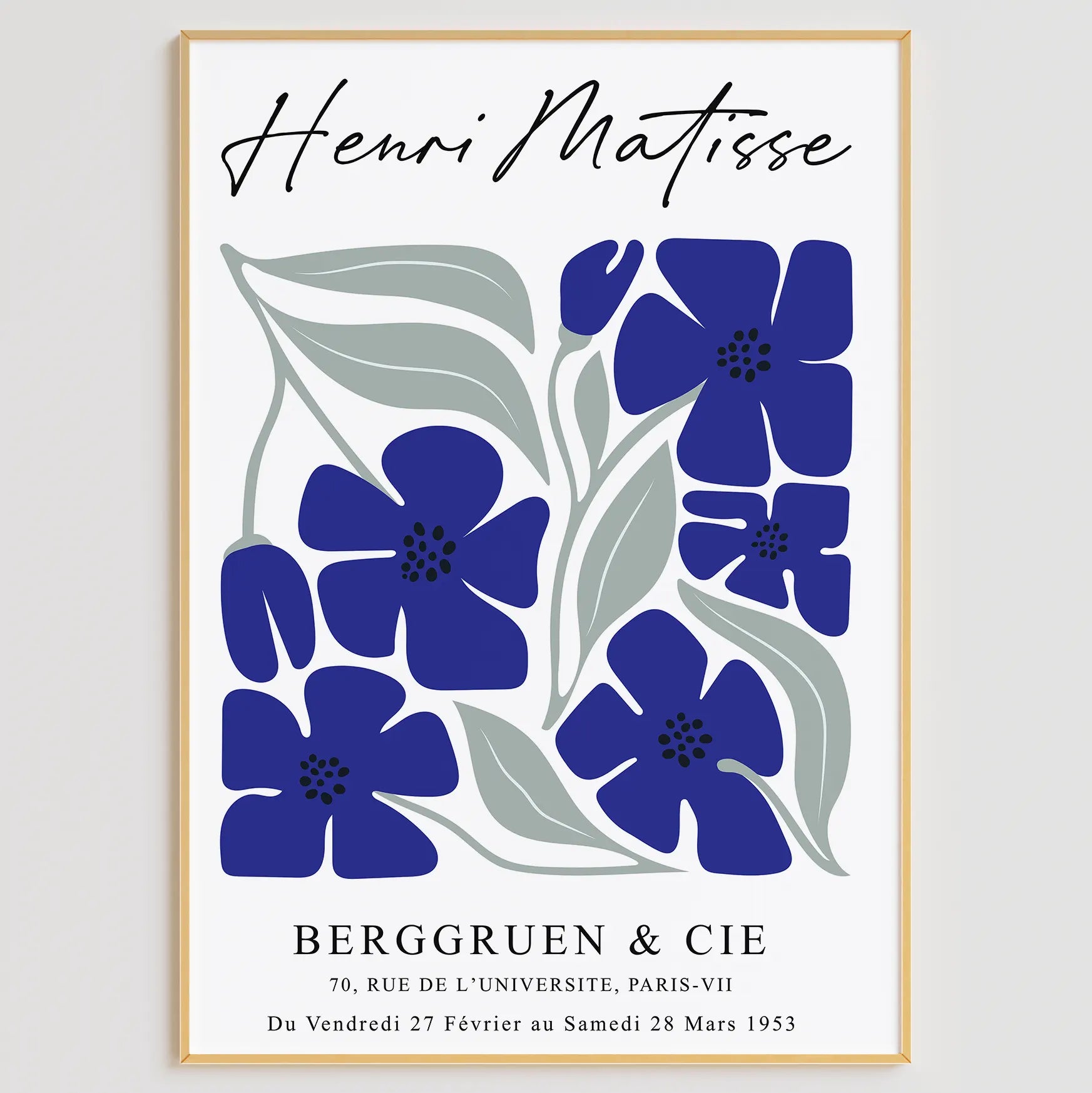 マティスの切り絵アート青い花と葉のモダンな3点セット展示ポスター