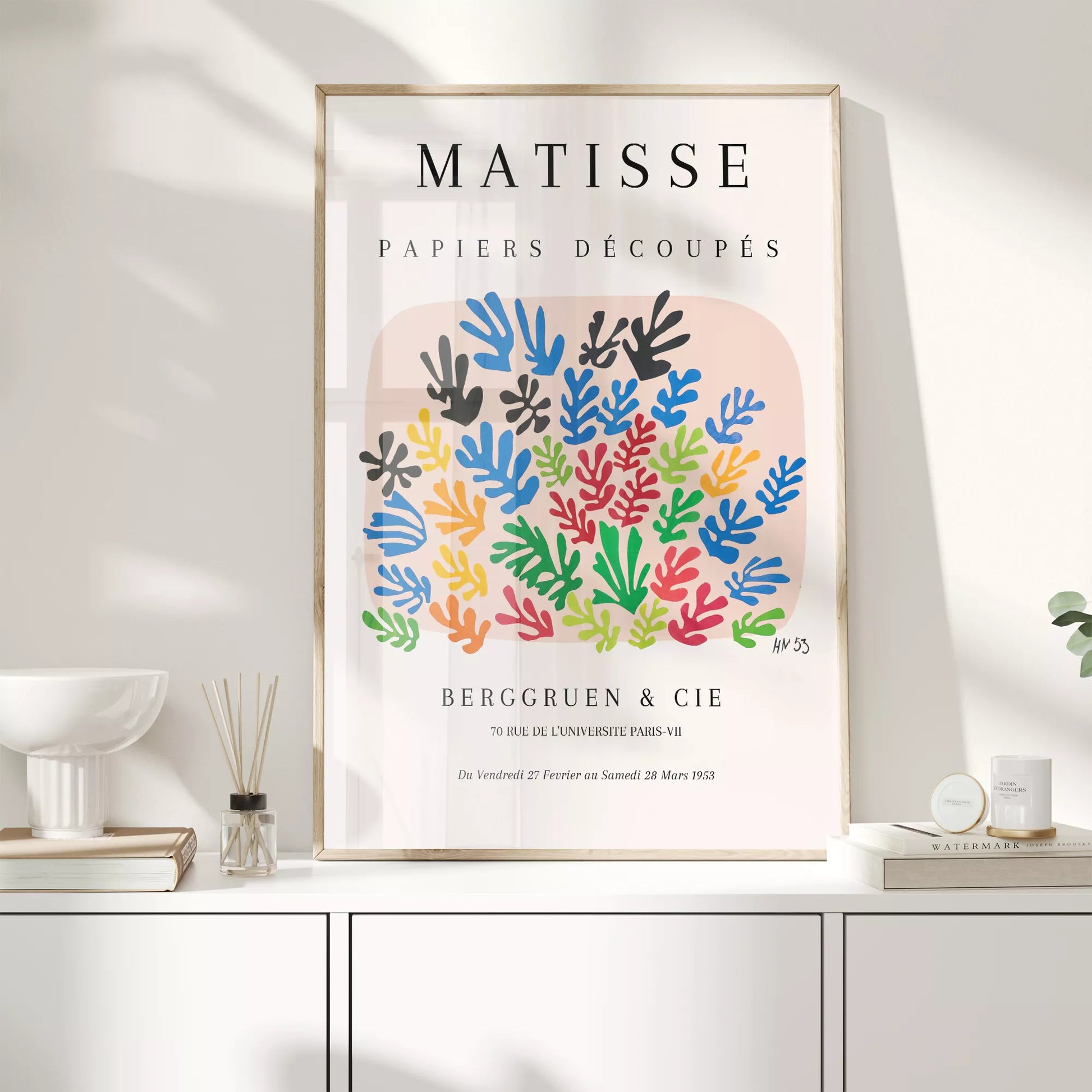 マティスの切り絵アート、カラフルな葉のモチーフ展示会ポスター