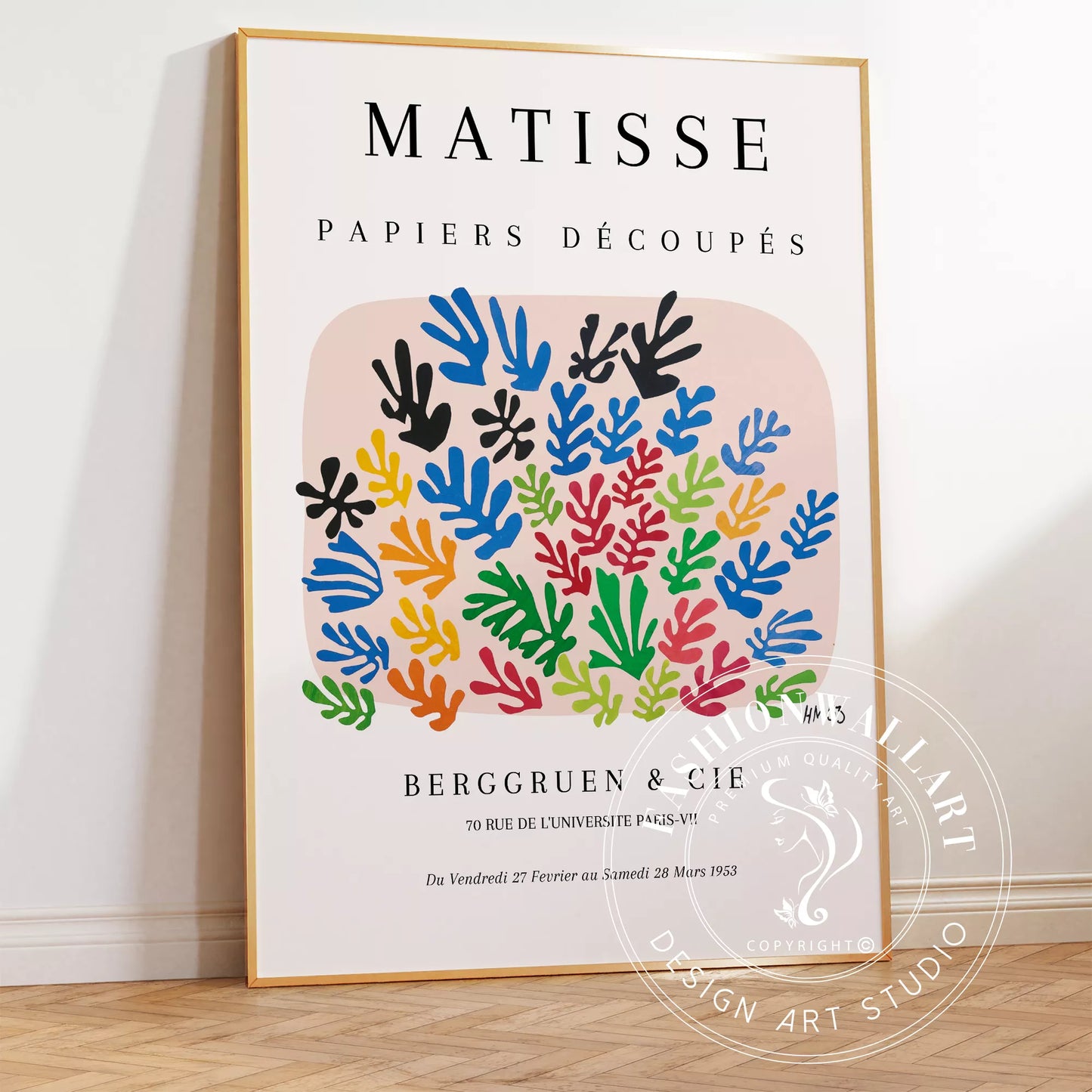 マティスの切り絵アート、カラフルな葉のモチーフ展示会ポスター