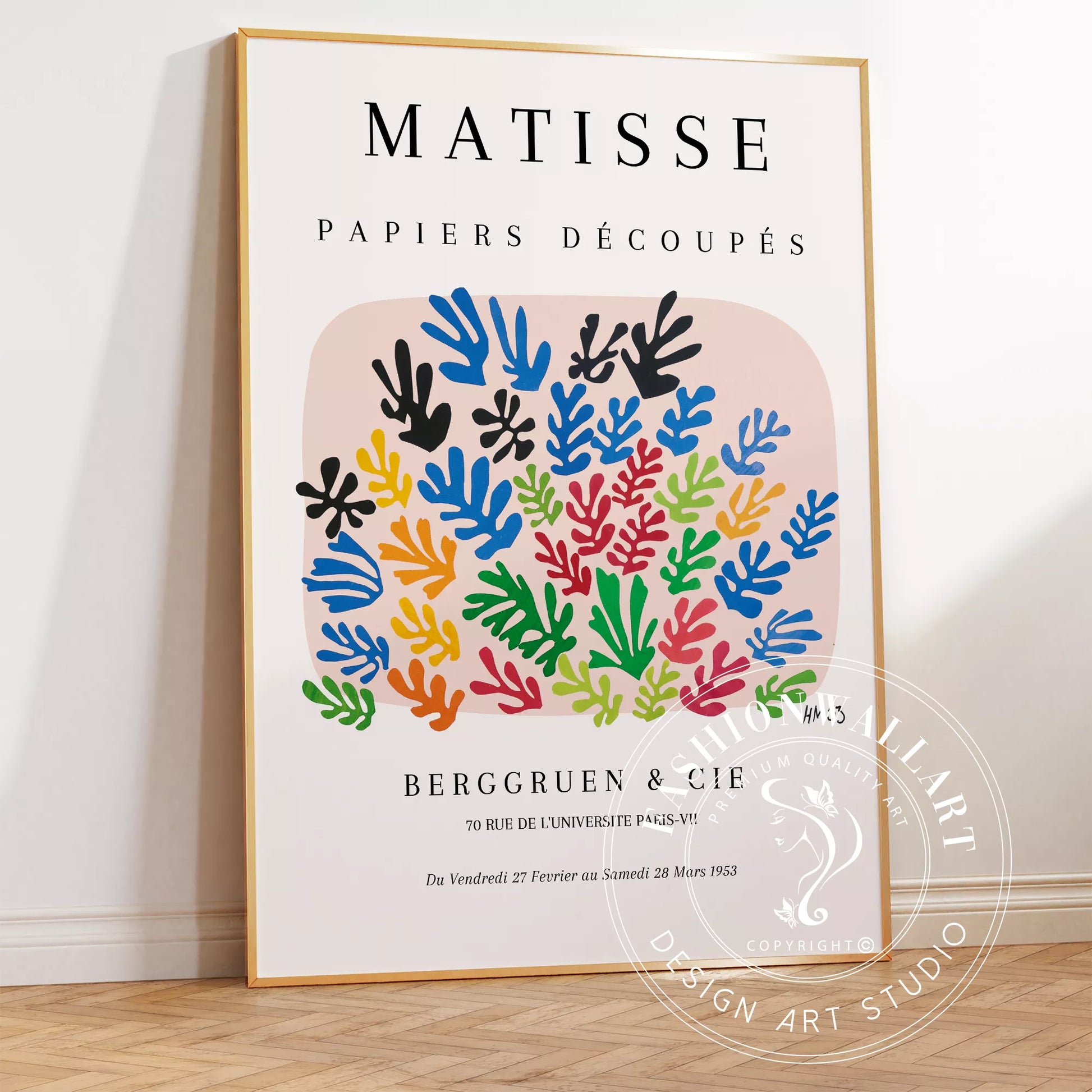 マティスの切り絵アート、カラフルな葉のモチーフ展示会ポスター