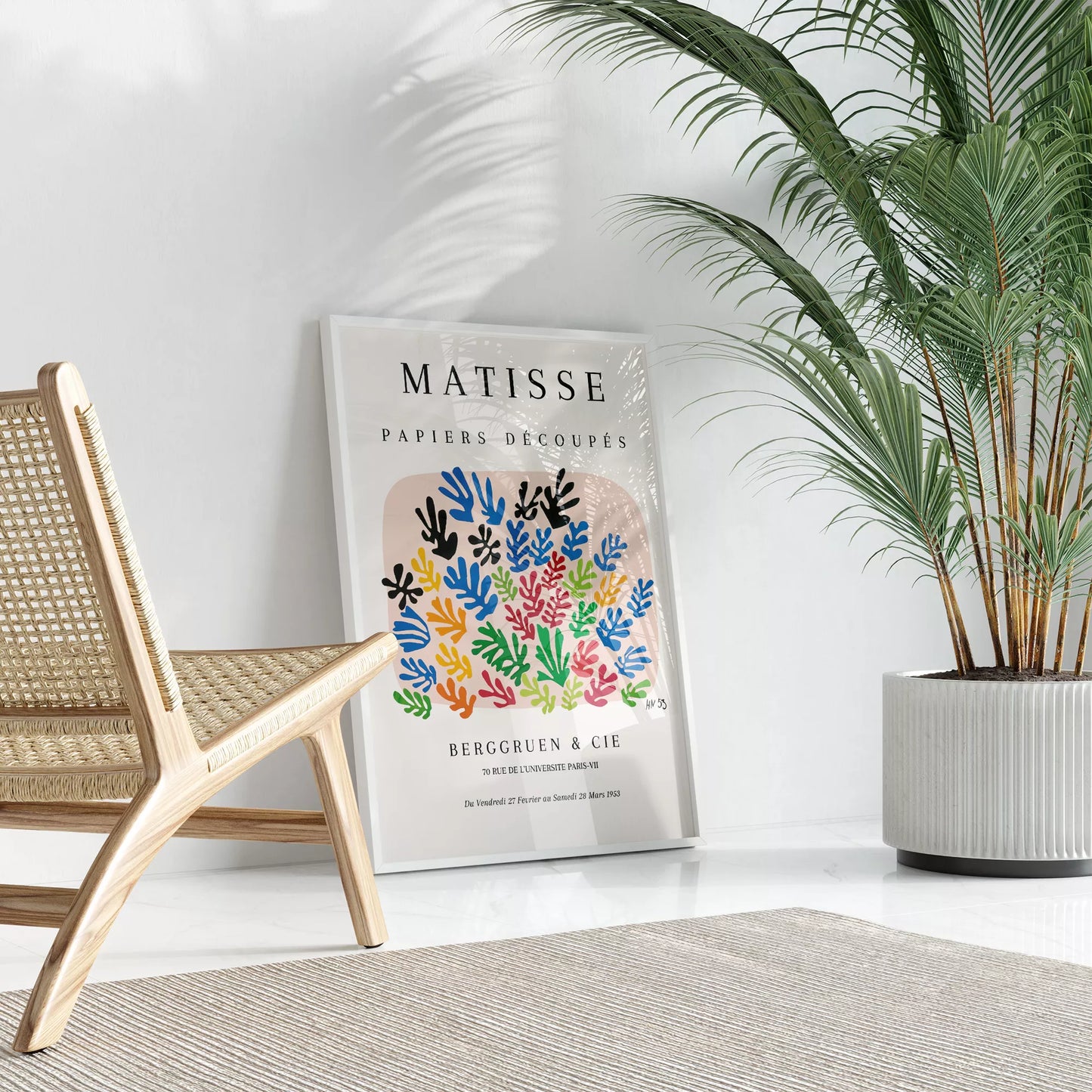 マティスの切り絵アート、カラフルな葉のモチーフ展示会ポスター