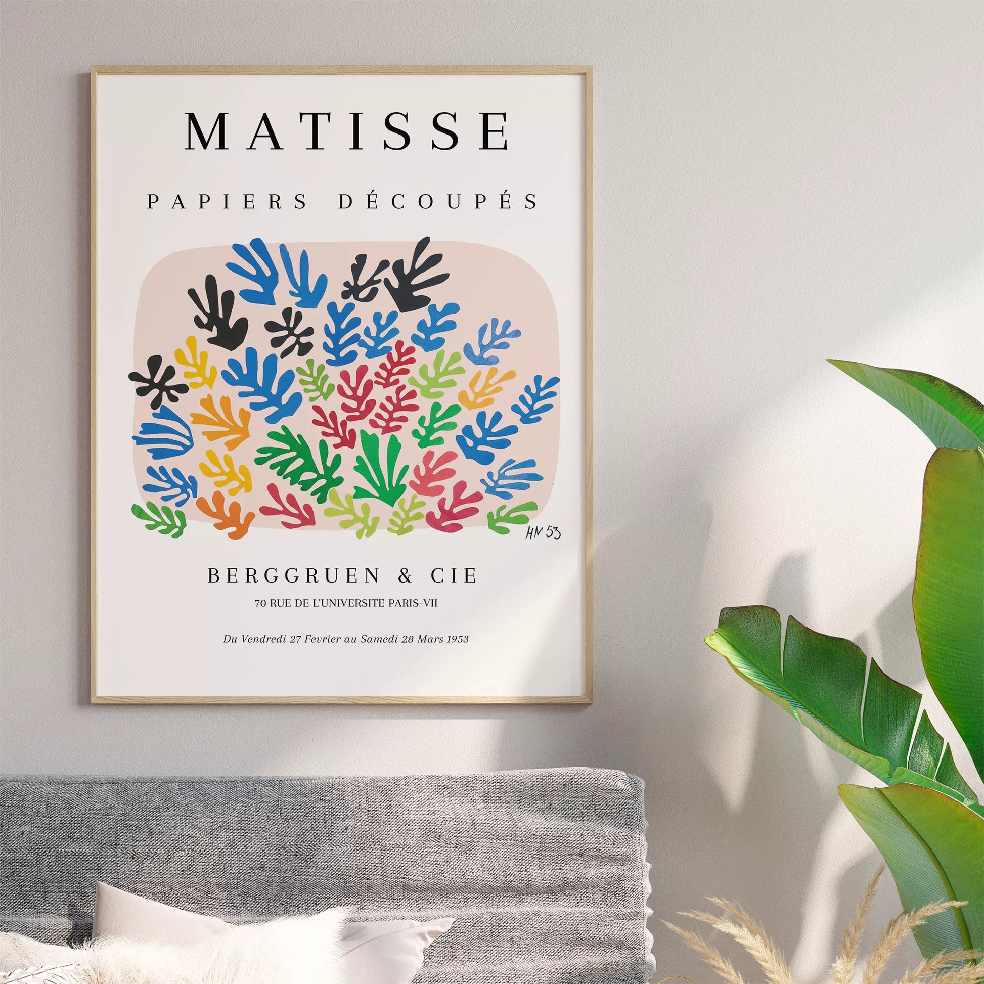 マティスの切り絵アート、カラフルな葉のモチーフ展示会ポスター