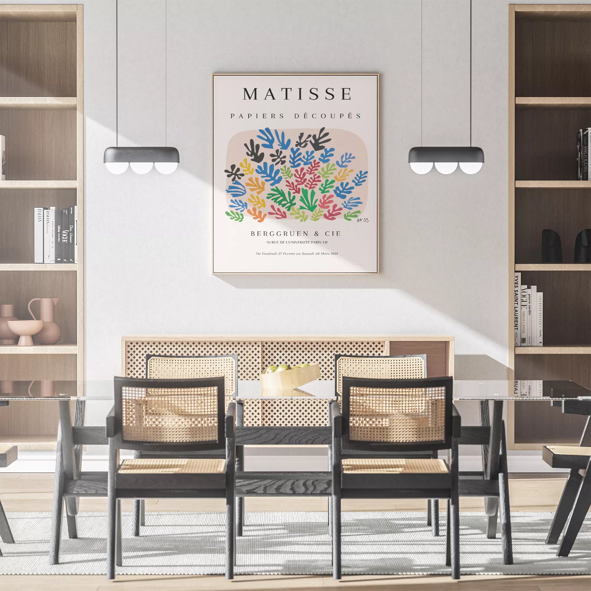 マティスの切り絵アート、カラフルな葉のモチーフ展示会ポスター