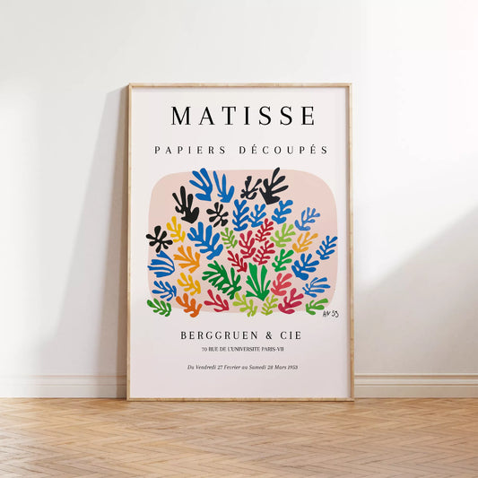 マティスの切り絵アート、カラフルな葉のモチーフ展示会ポスター