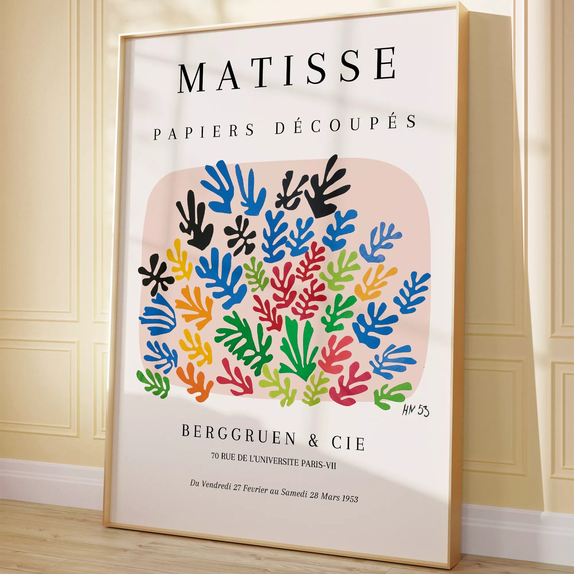 マティスの切り絵アート、カラフルな葉のモチーフ展示会ポスター