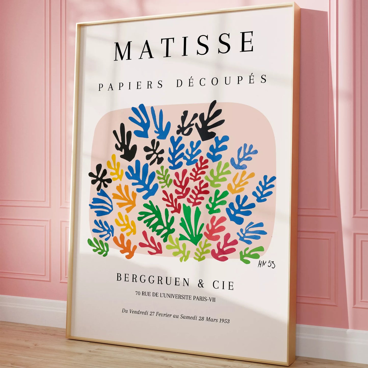 マティスの切り絵アート、カラフルな葉のモチーフ展示会ポスター