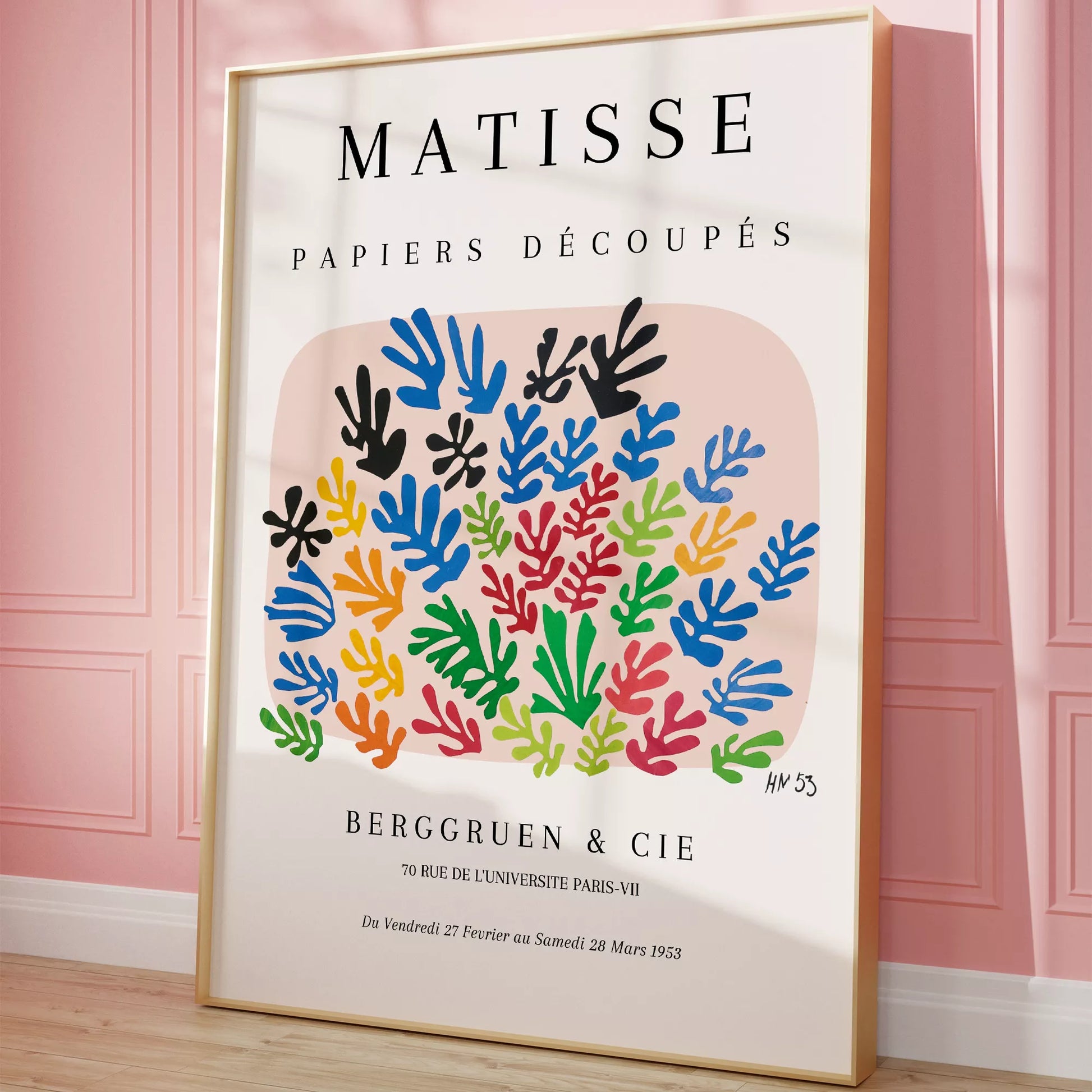 マティスの切り絵アート、カラフルな葉のモチーフ展示会ポスター