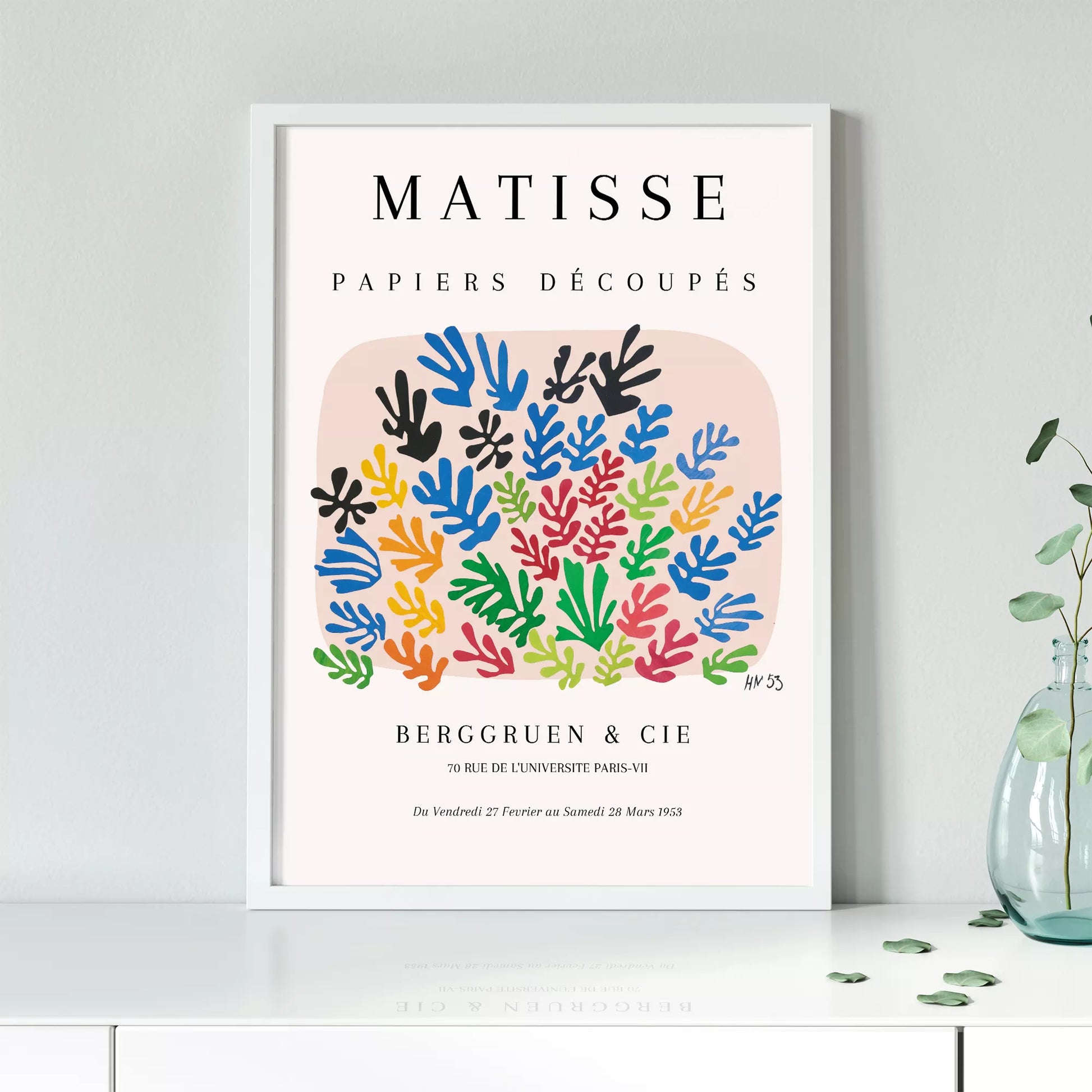 マティスの切り絵アート、カラフルな葉のモチーフ展示会ポスター