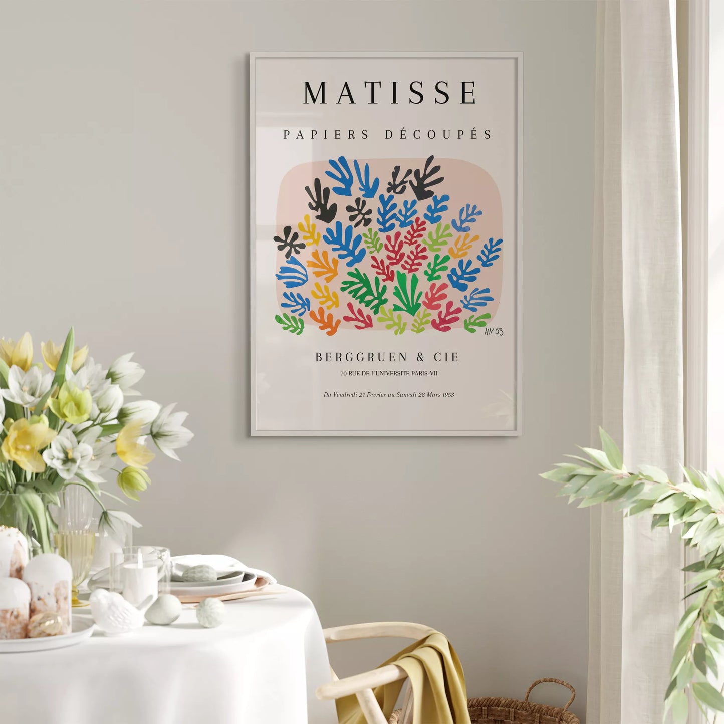 マティスの切り絵アート、カラフルな葉のモチーフ展示会ポスター