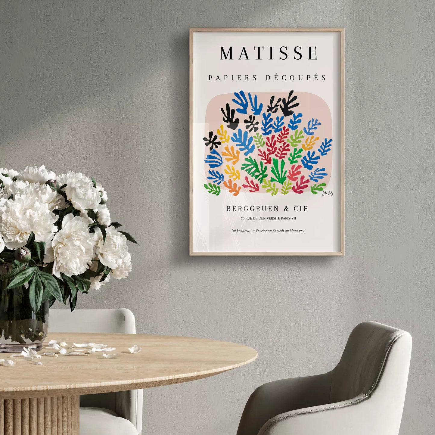 マティスの切り絵アート、カラフルな葉のモチーフ展示会ポスター