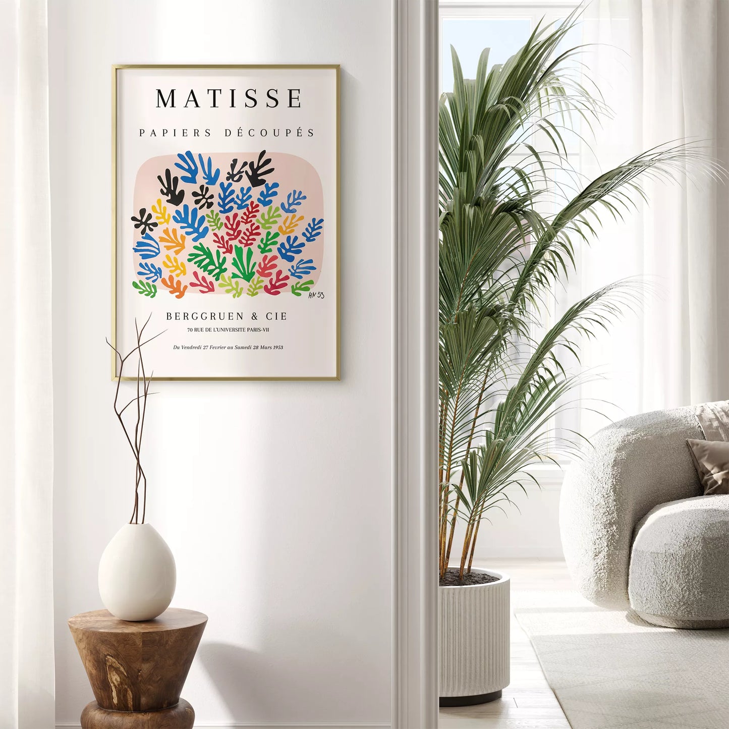 マティスの切り絵アート、カラフルな葉のモチーフ展示会ポスター