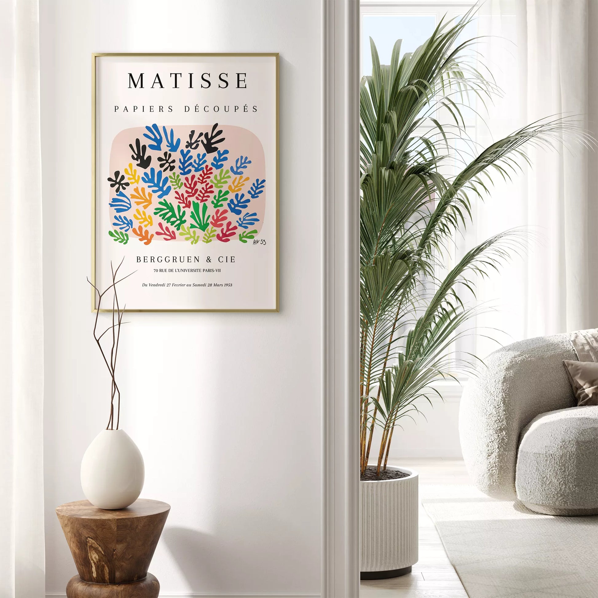 マティスの切り絵アート、カラフルな葉のモチーフ展示会ポスター