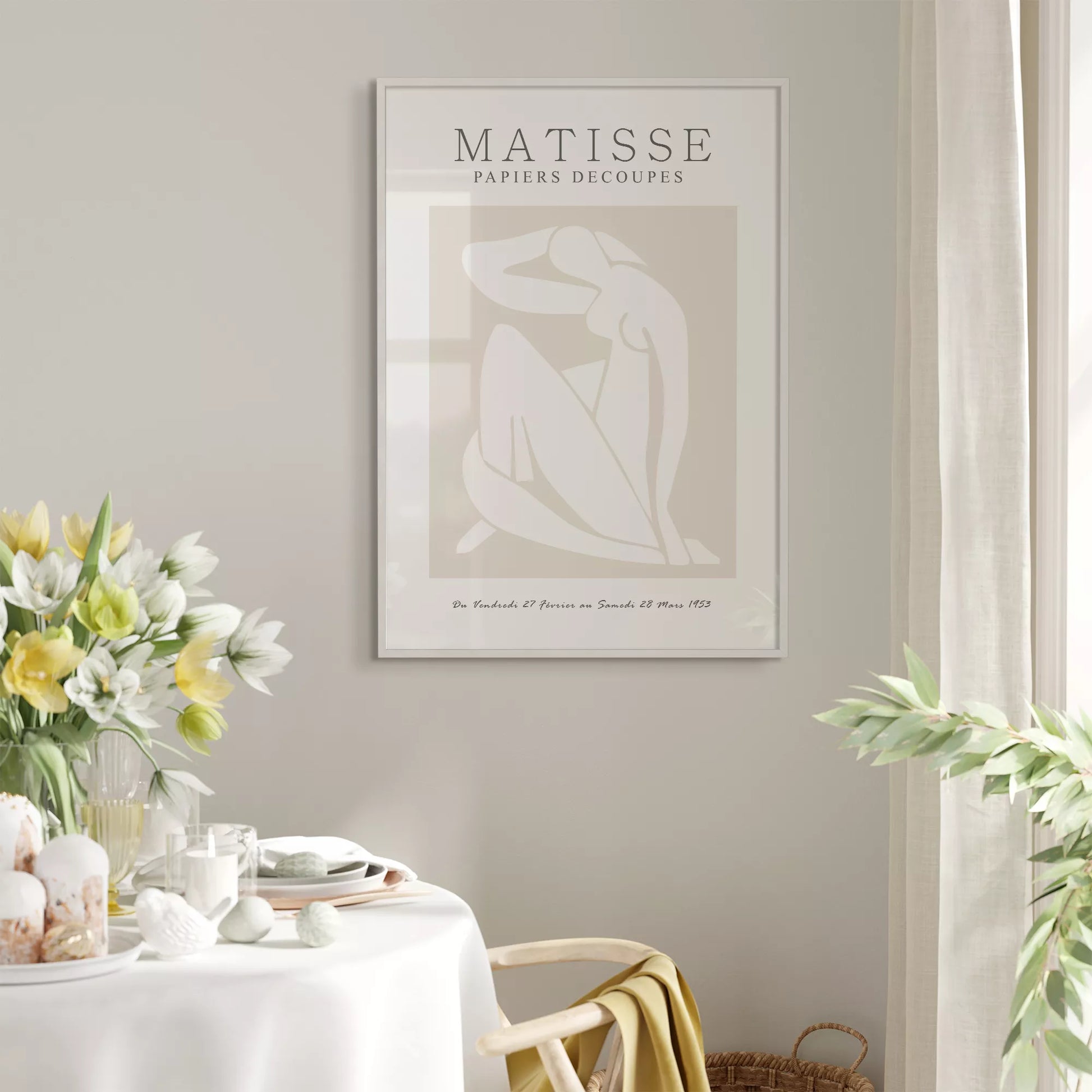 マティスの切り絵アートポスター、ベージュ色のミニマリストデザイン、北欧インテリア向け壁掛け装飾