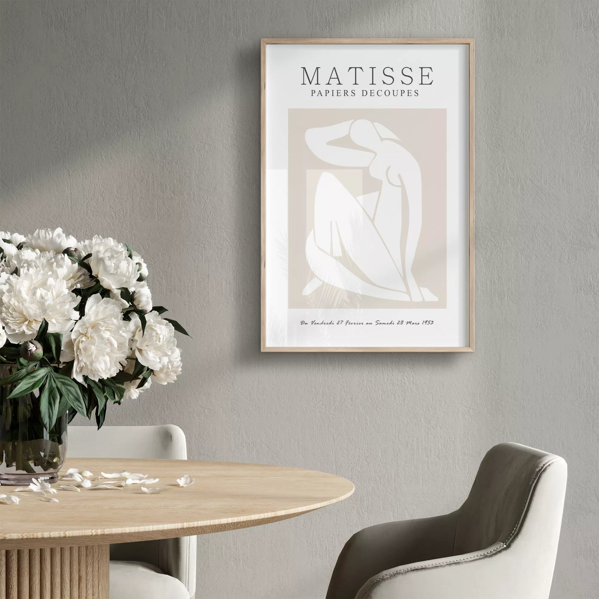 マティスの切り絵アートポスター、ベージュ色のミニマリストデザイン、北欧インテリア向け壁掛け装飾