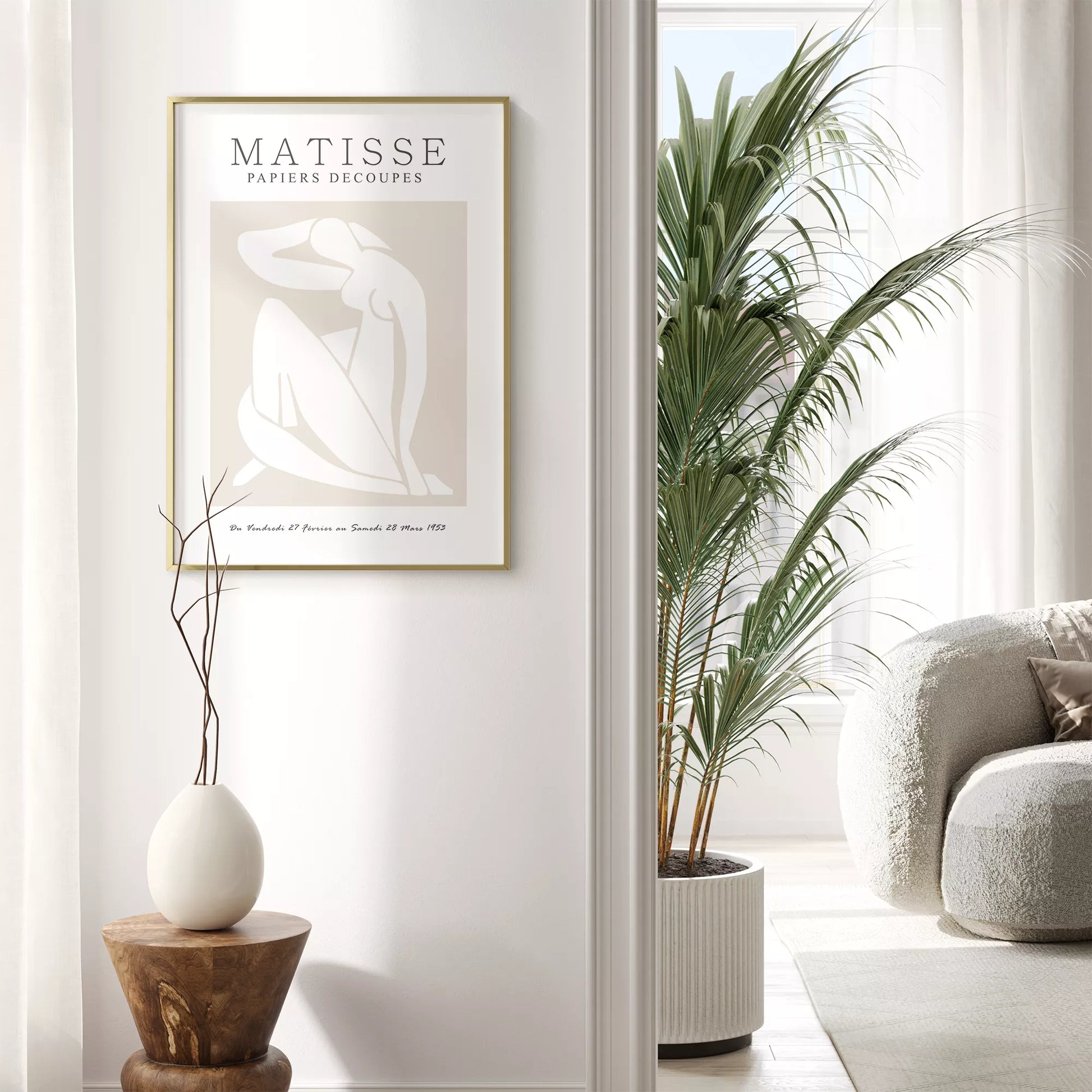 マティスの切り絵アートポスター、ベージュ色のミニマリストデザイン、北欧インテリア向け壁掛け装飾