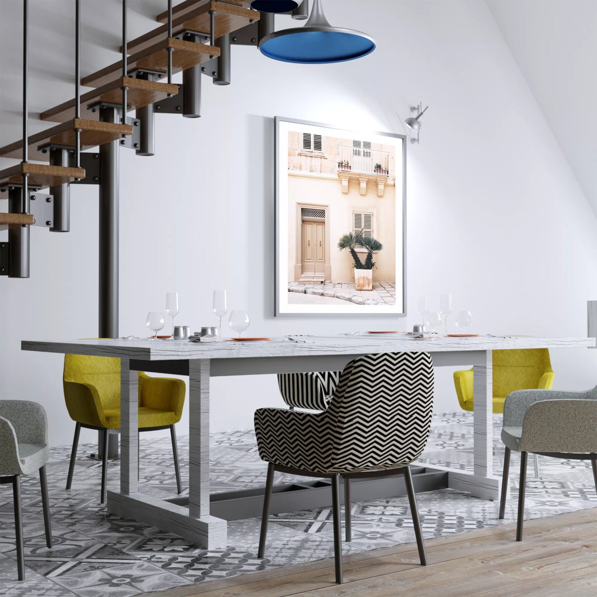 地中海風ベージュ建築とヤシの木のアートプリント