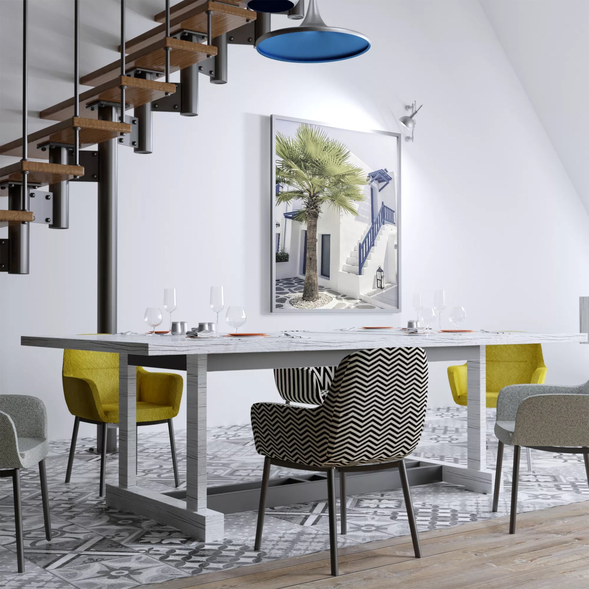 サントリーニ風の白壁と青い手すりのある階段、ヤシの木が印象的な地中海スタイルの建築