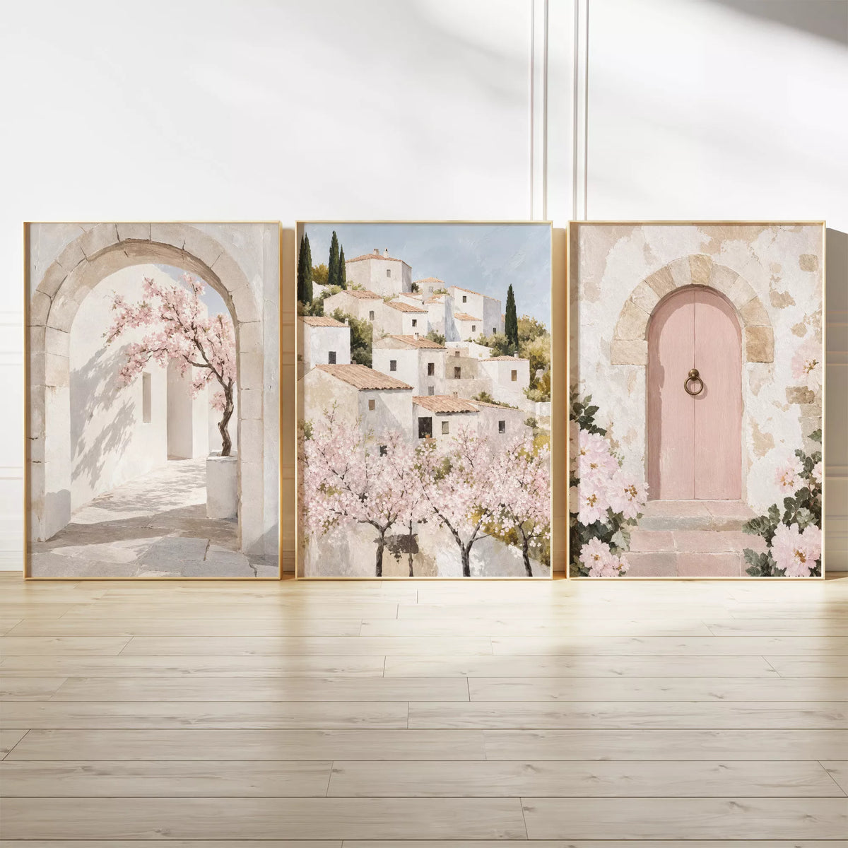 地中海の白い村、石造りのアーチ、ピンクの花と扉を描いた水彩画風3枚組アートポスター