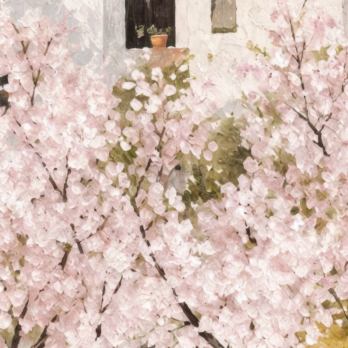 白い地中海の村を彩る淡いピンクの花を拡大した水彩画風アートポスターのディテール