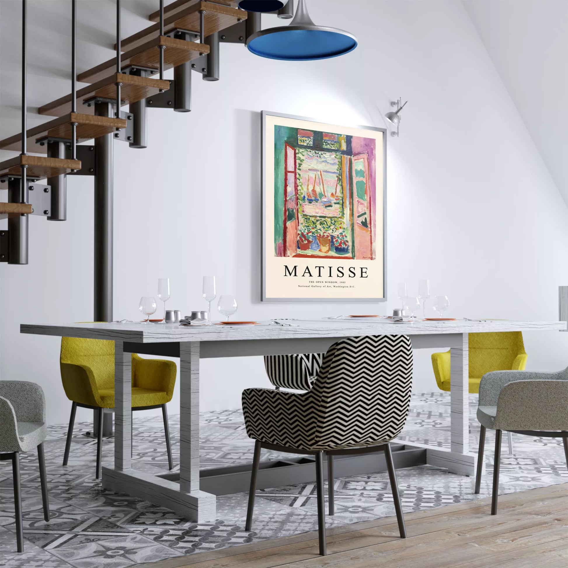 開かれた窓から見える地中海の景色とヨットのある鮮やかな印象派アート