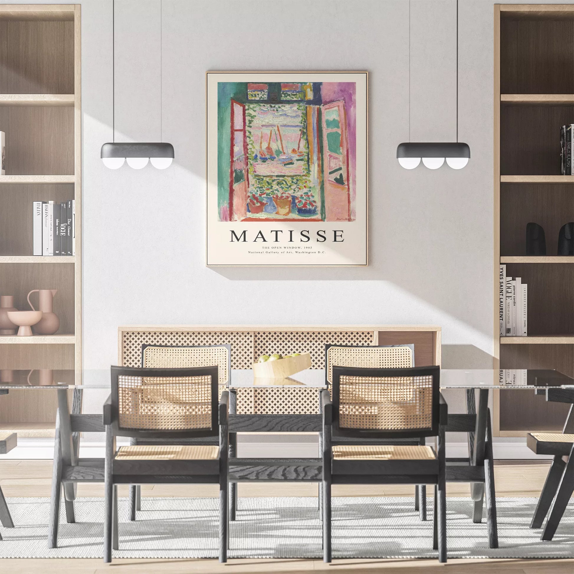 開かれた窓から見える地中海の景色とヨットのある鮮やかな印象派アート