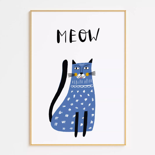「MEOW」ブルーキャットデザインのキッズアートポスター 子供部屋用