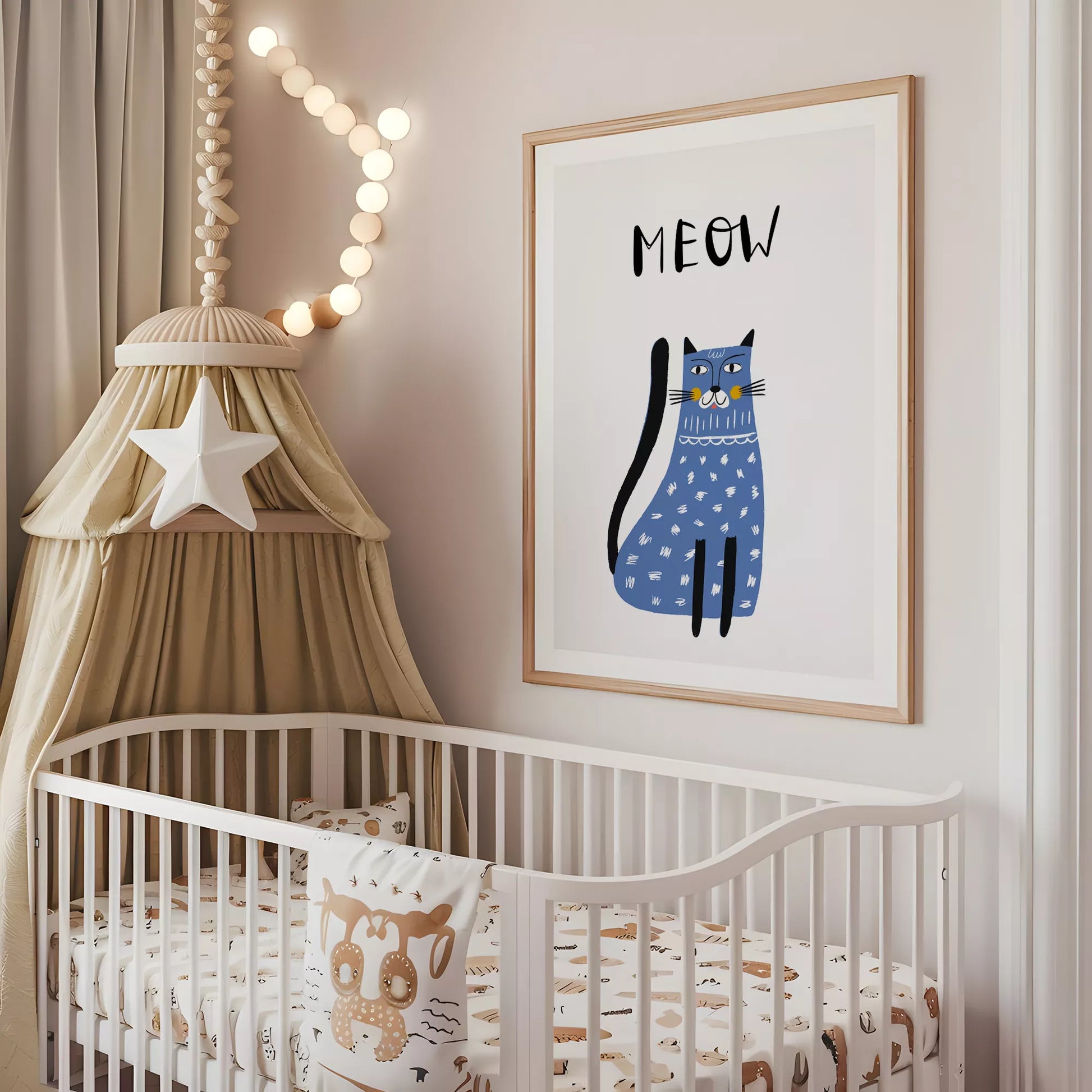 「MEOW」ブルーキャットデザインのキッズアートポスター 子供部屋用