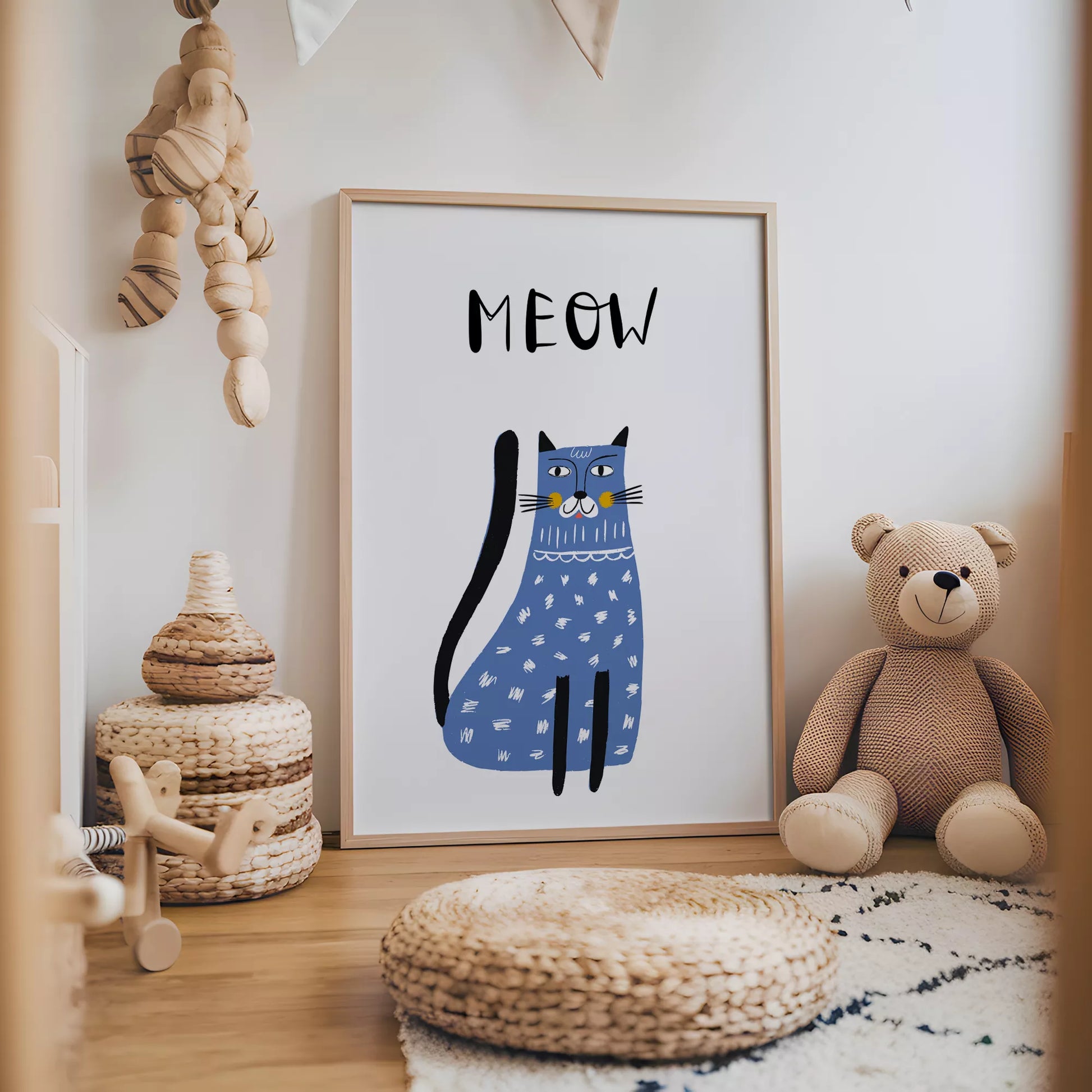 「MEOW」ブルーキャットデザインのキッズアートポスター 子供部屋用