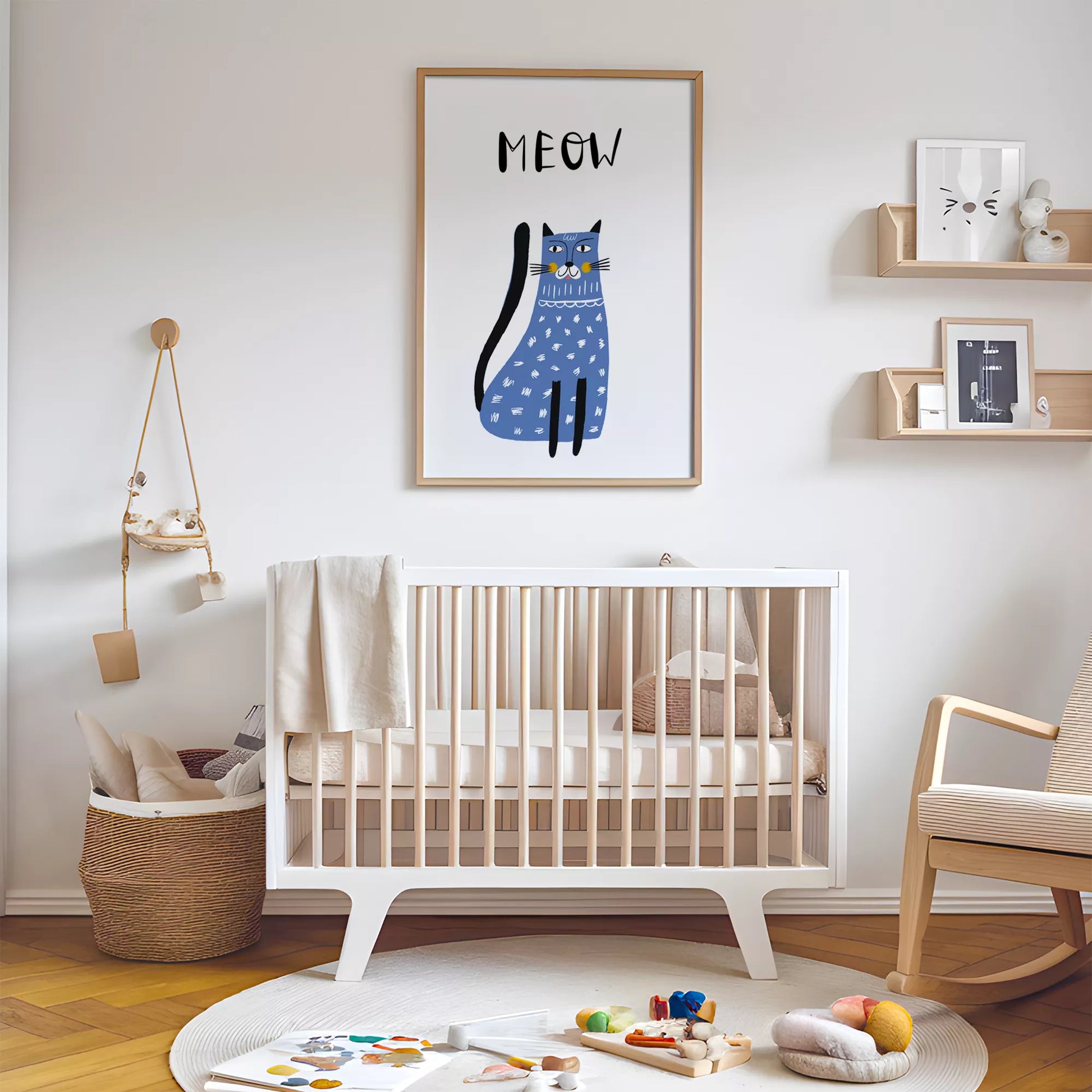 「MEOW」ブルーキャットデザインのキッズアートポスター 子供部屋用