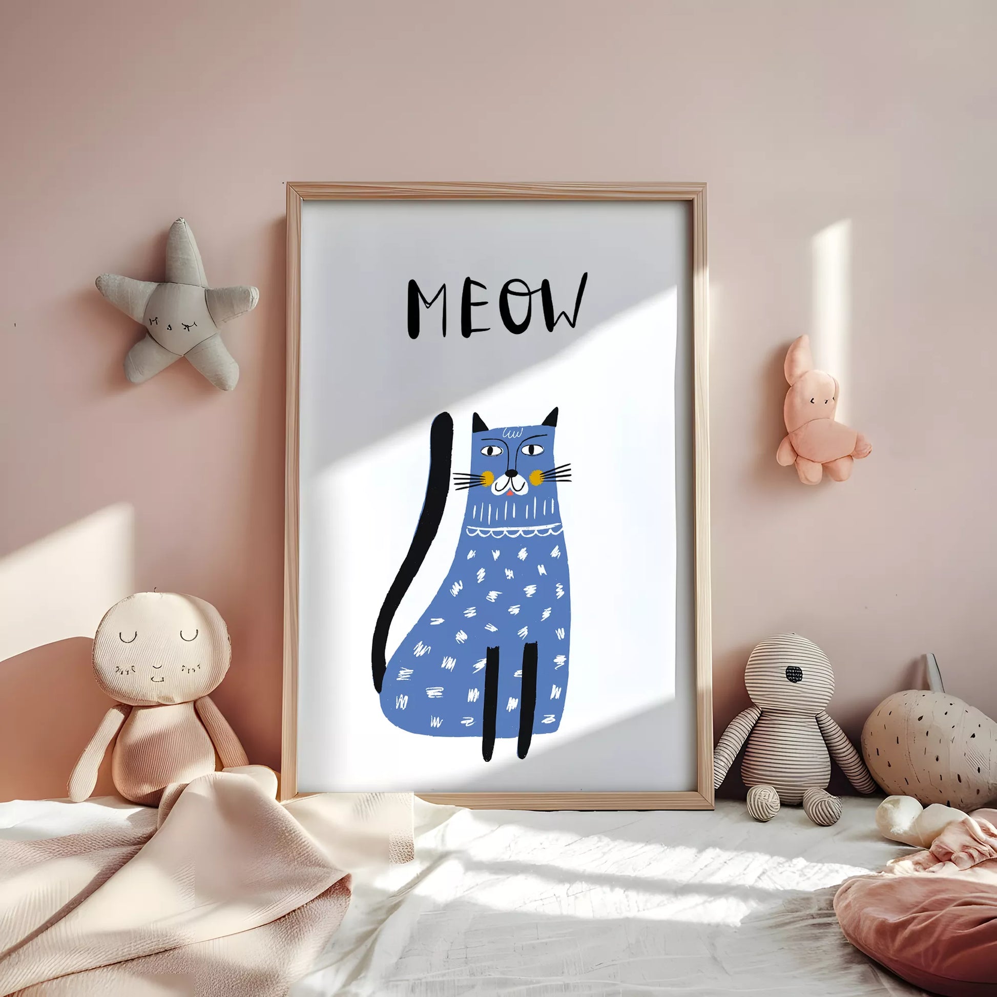 「MEOW」ブルーキャットデザインのキッズアートポスター 子供部屋用