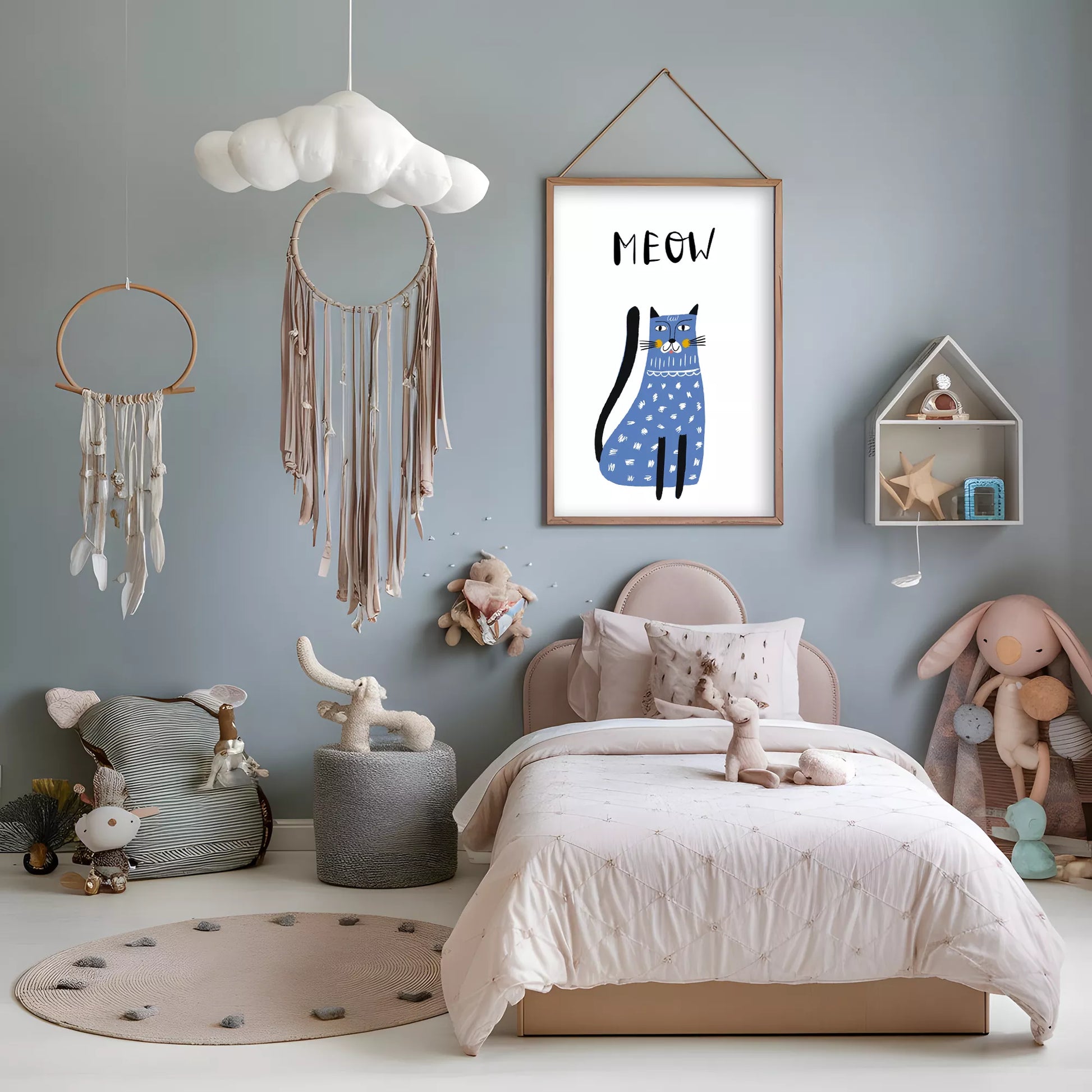 「MEOW」ブルーキャットデザインのキッズアートポスター 子供部屋用