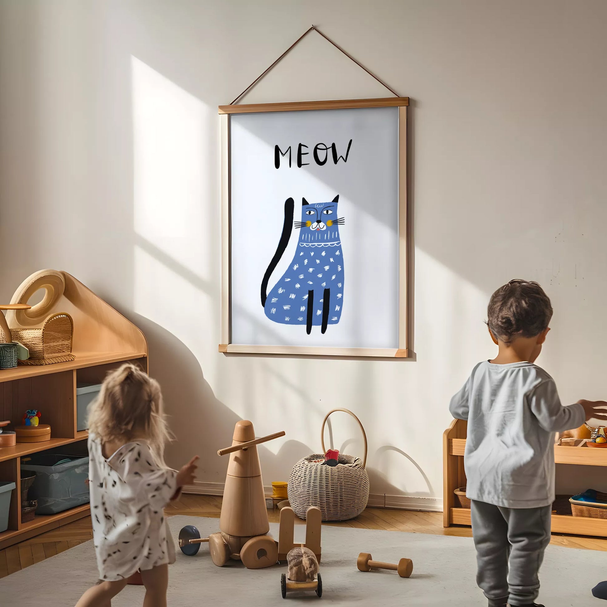 「MEOW」ブルーキャットデザインのキッズアートポスター 子供部屋用