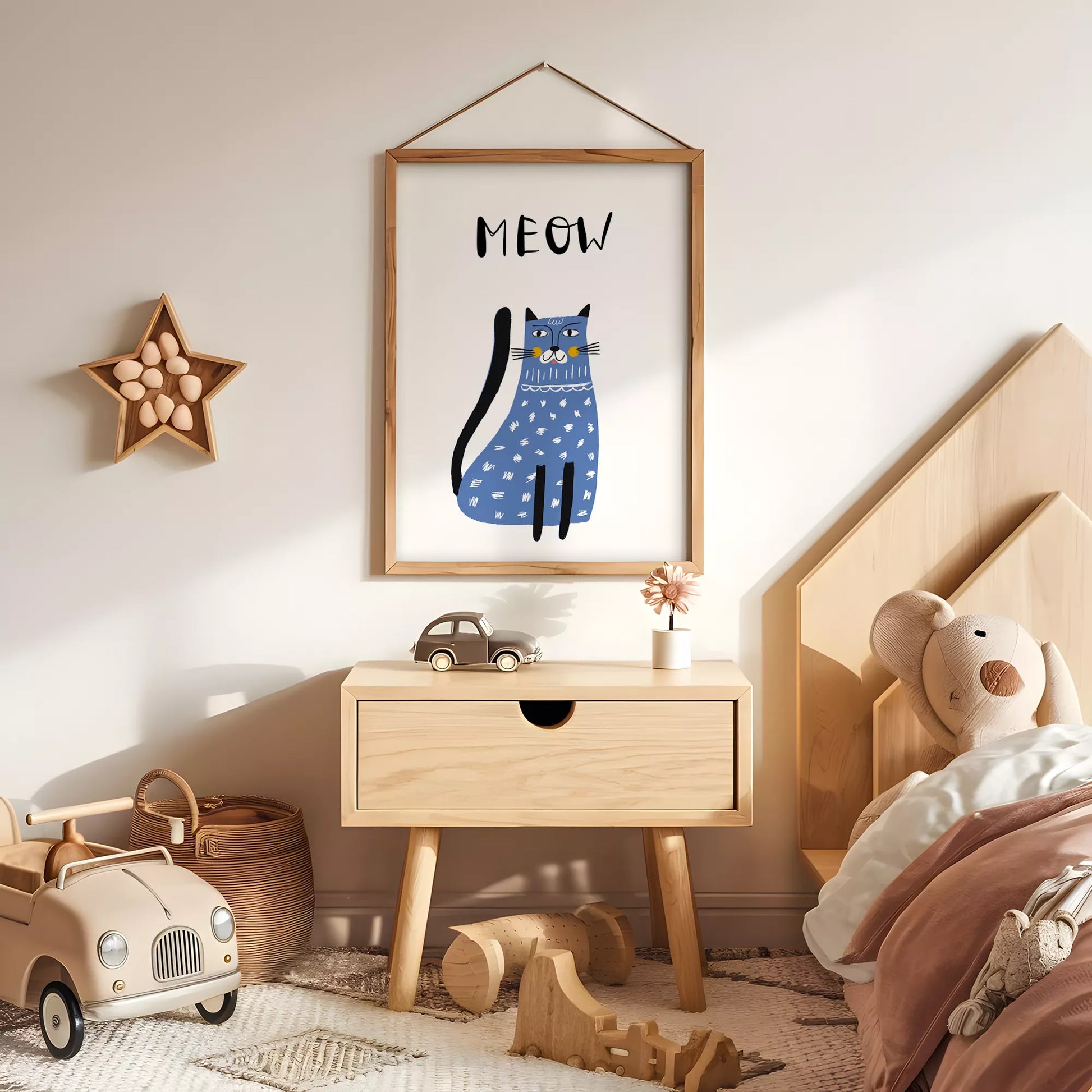 「MEOW」ブルーキャットデザインのキッズアートポスター 子供部屋用
