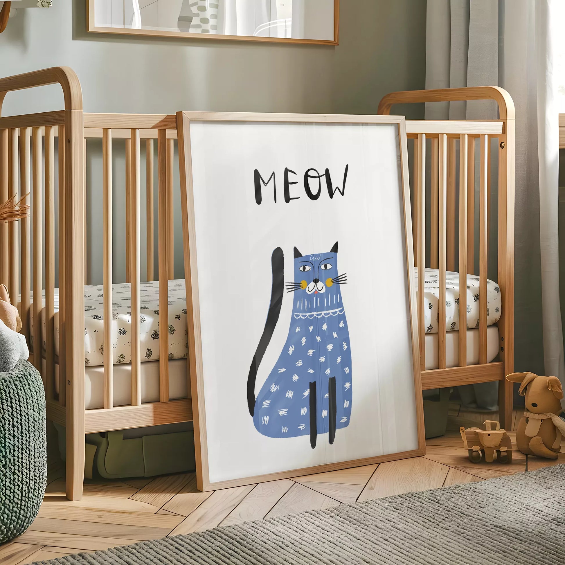 「MEOW」ブルーキャットデザインのキッズアートポスター 子供部屋用