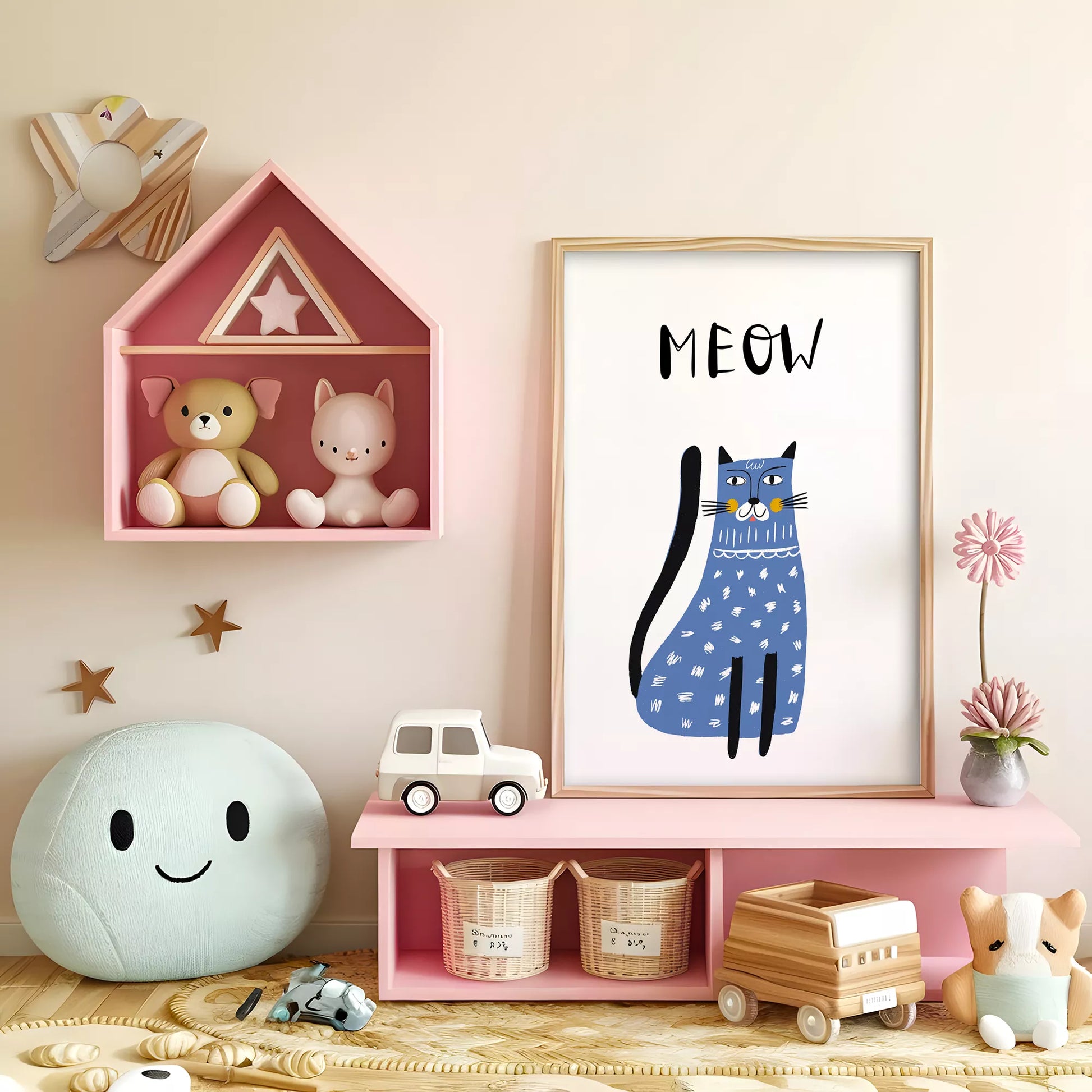 「MEOW」ブルーキャットデザインのキッズアートポスター 子供部屋用