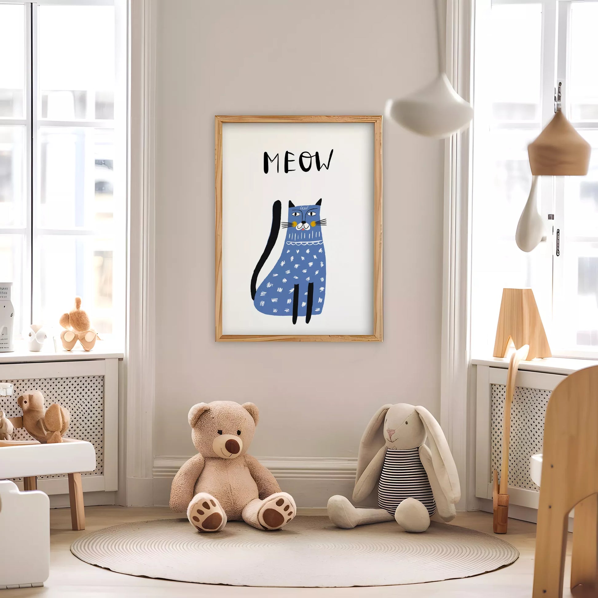 「MEOW」ブルーキャットデザインのキッズアートポスター 子供部屋用