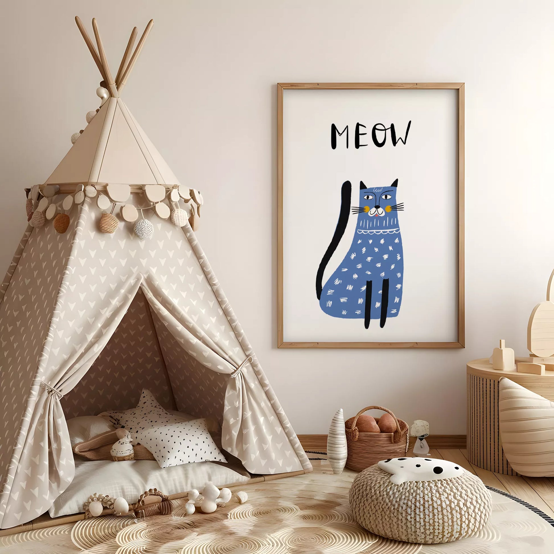「MEOW」ブルーキャットデザインのキッズアートポスター 子供部屋用