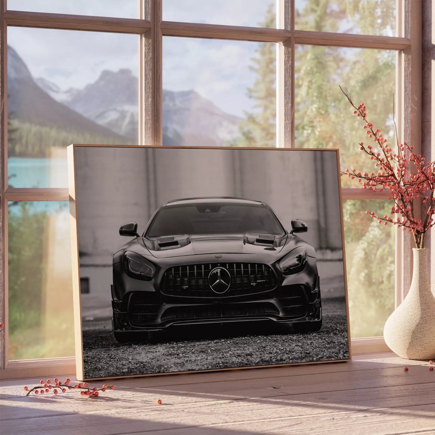 メルセデスAMG GTの迫力ある正面モノクロ写真、スポーツカーアート