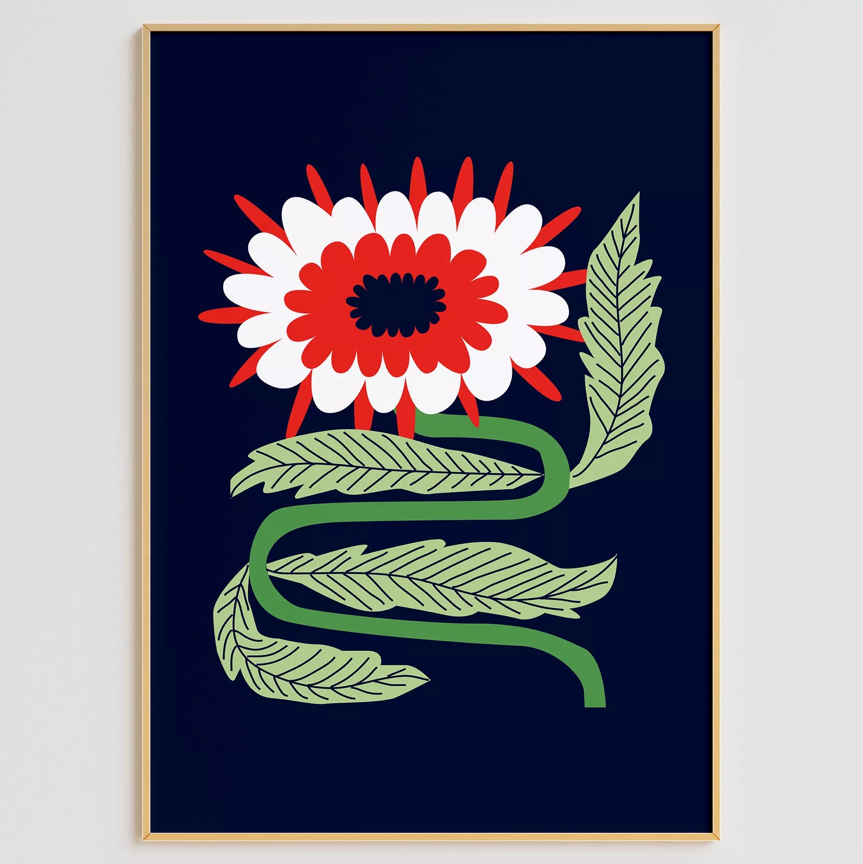 北欧フォークアートの赤白花アートポスター ミッドナイトブルー背景