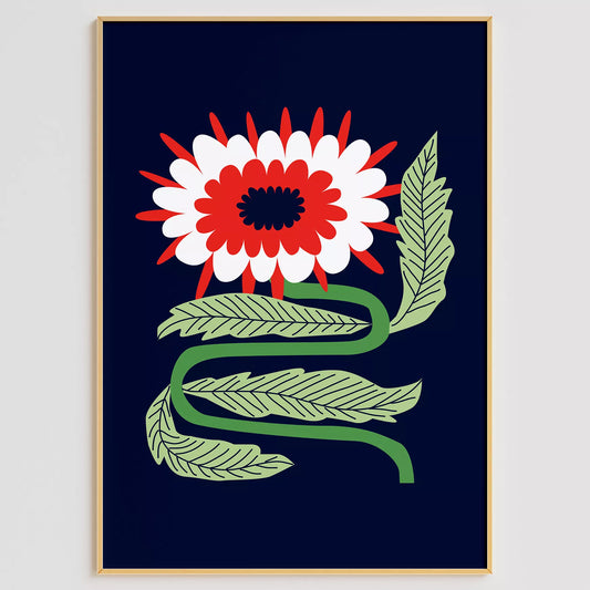 北欧フォークアートの赤白花アートポスター ミッドナイトブルー背景