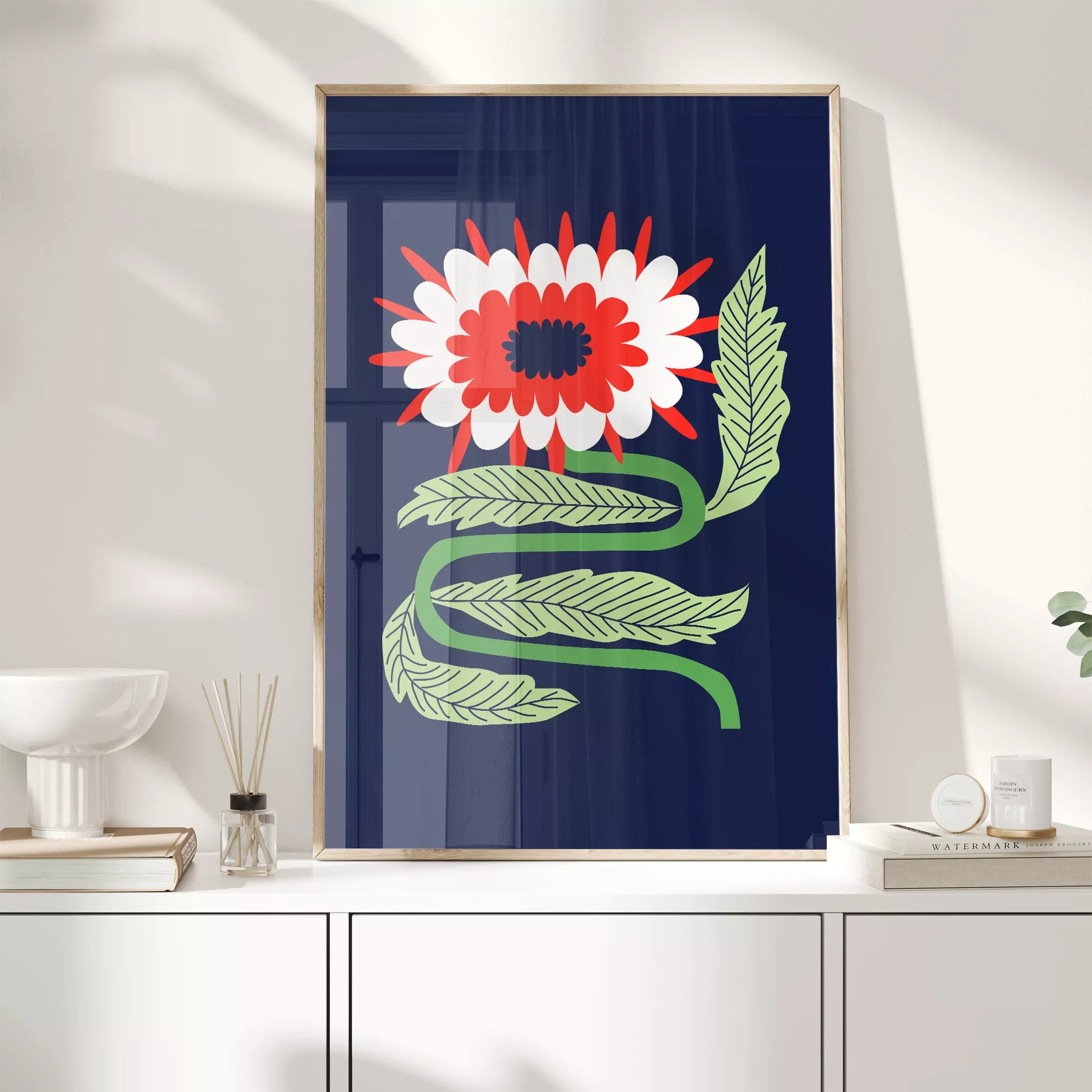 北欧フォークアートの赤白花アートポスター ミッドナイトブルー背景