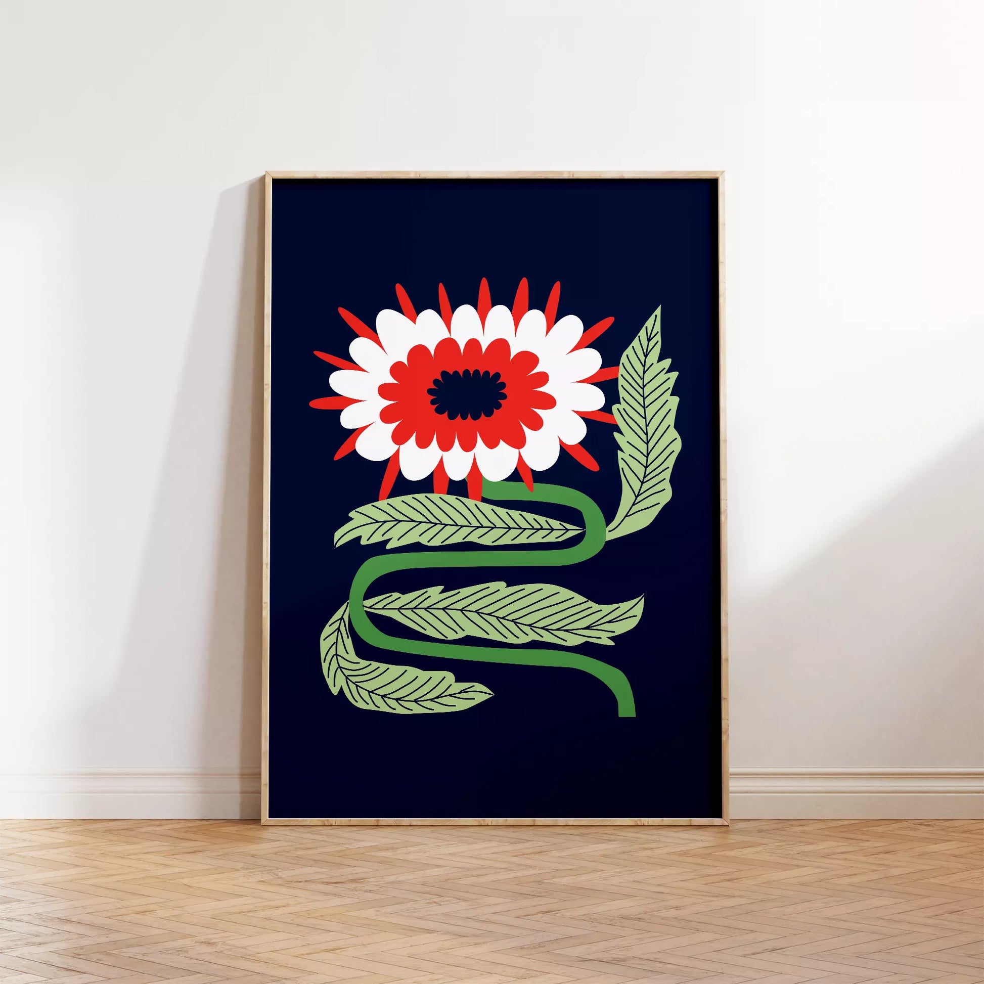 北欧フォークアートの赤白花アートポスター ミッドナイトブルー背景