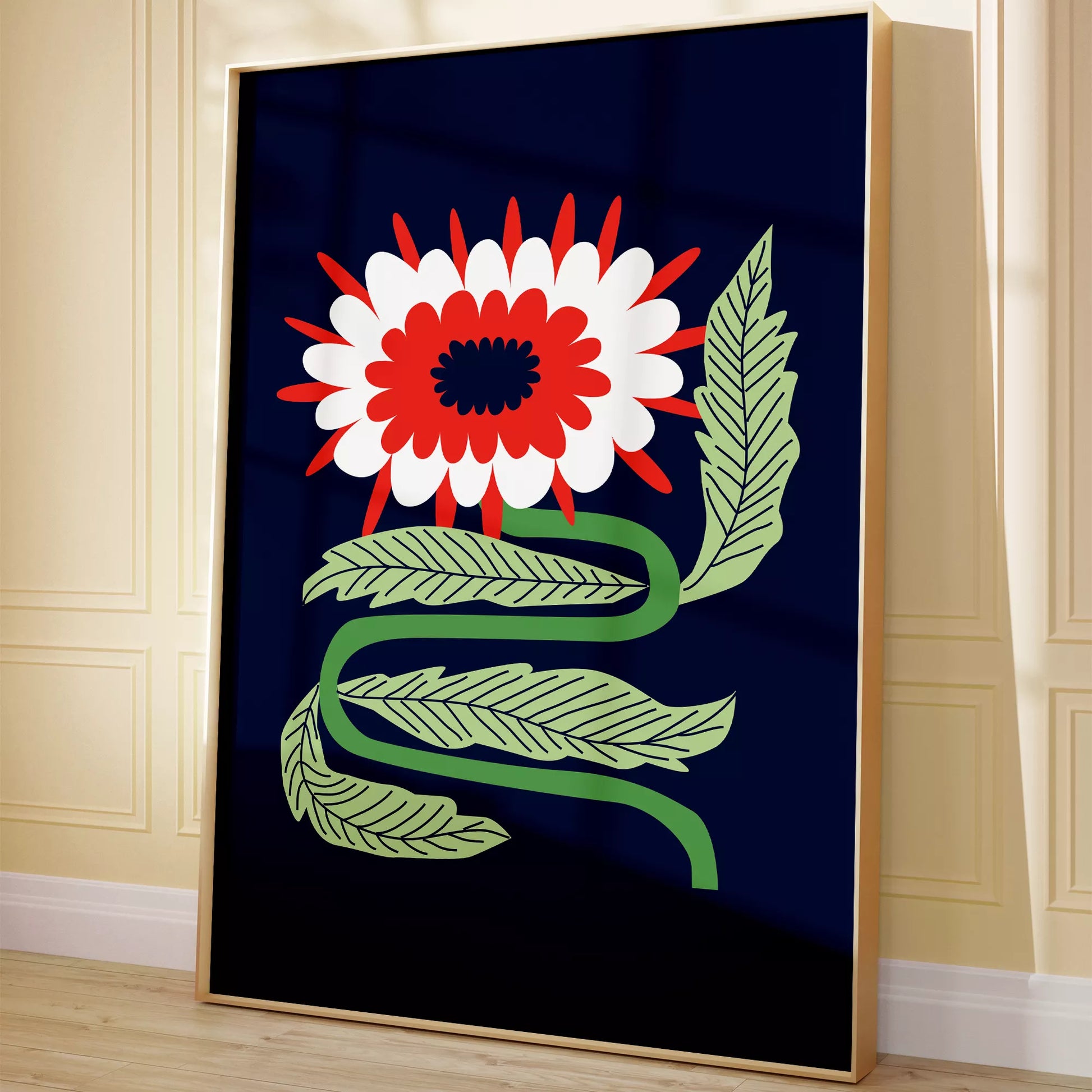 北欧フォークアートの赤白花アートポスター ミッドナイトブルー背景