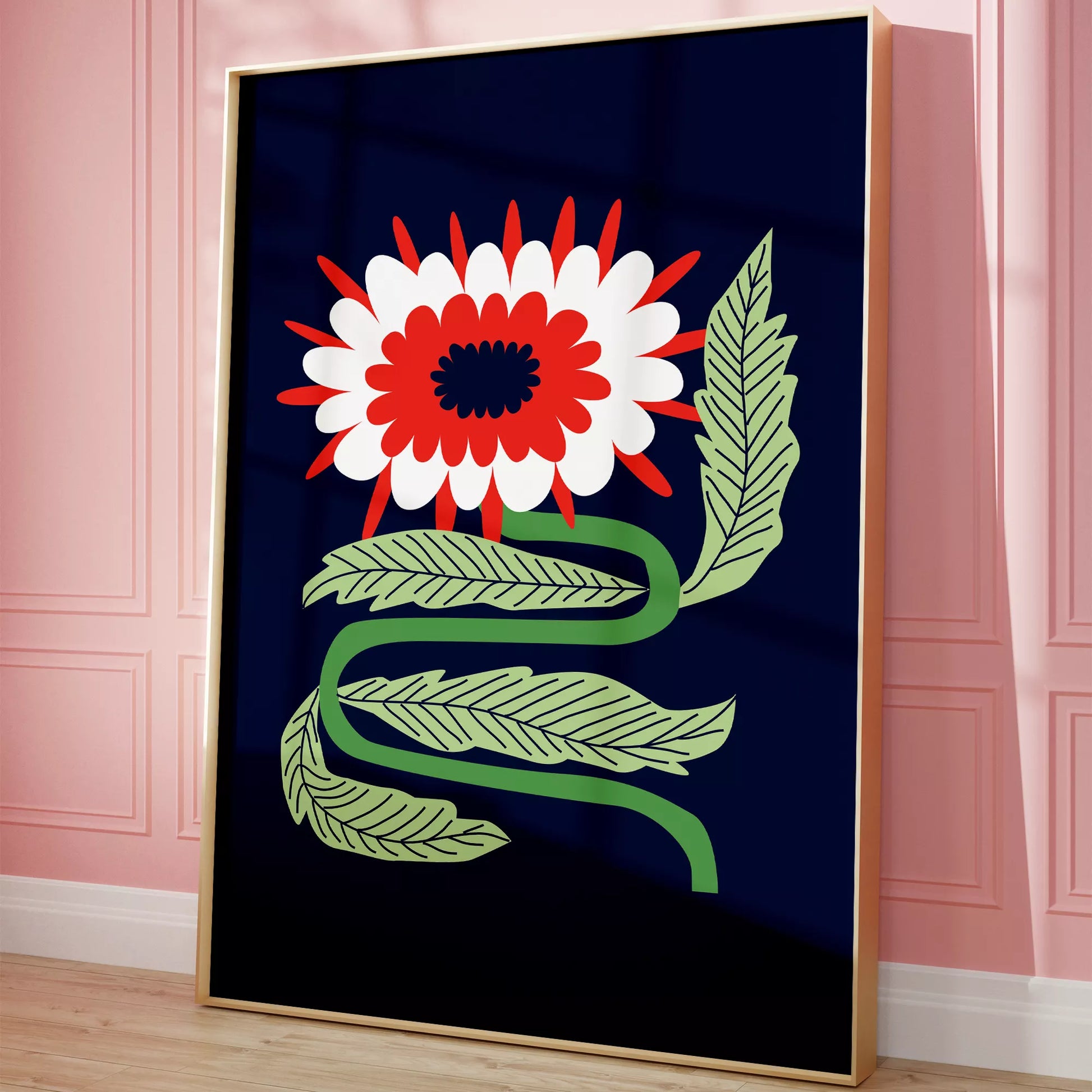 北欧フォークアートの赤白花アートポスター ミッドナイトブルー背景