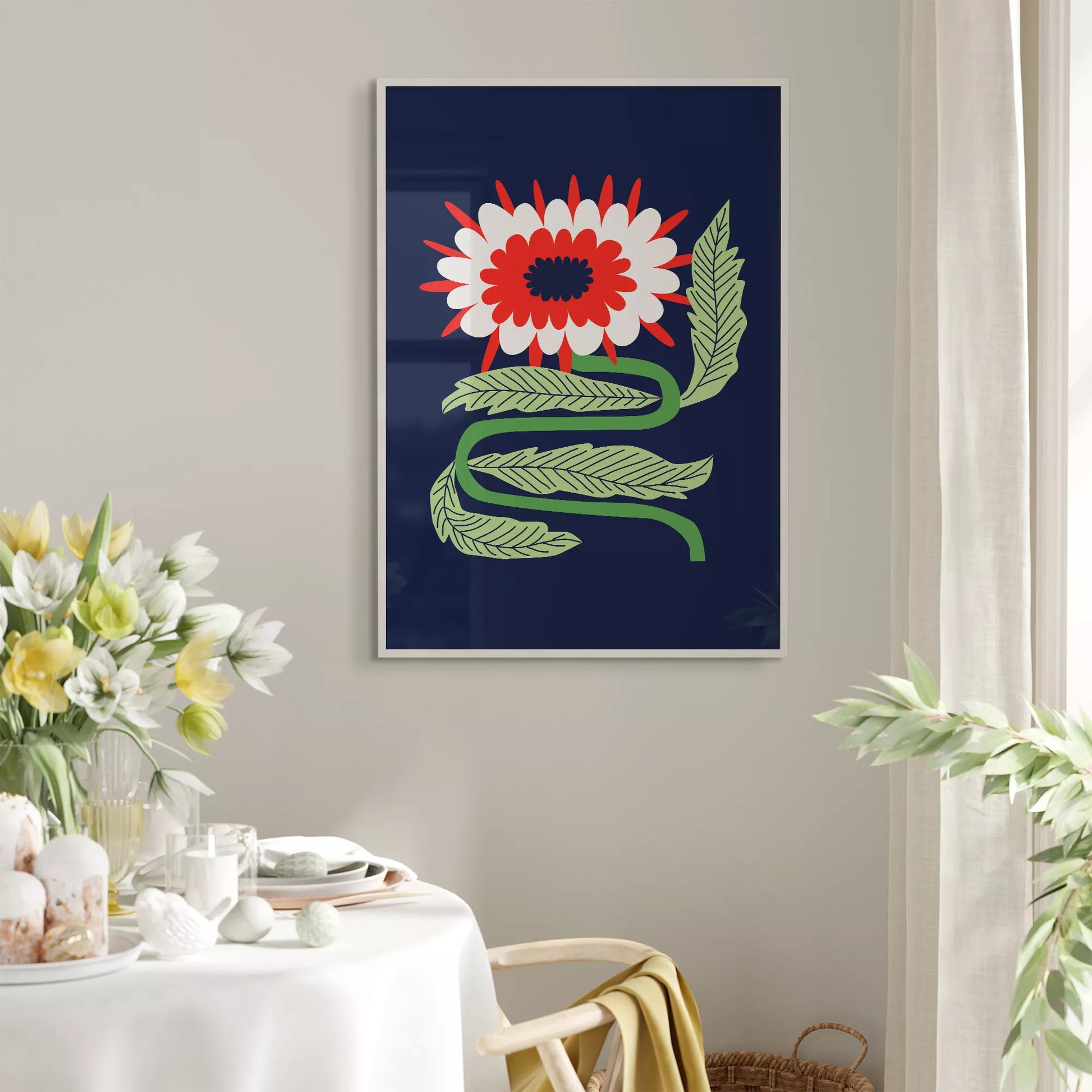 北欧フォークアートの赤白花アートポスター ミッドナイトブルー背景