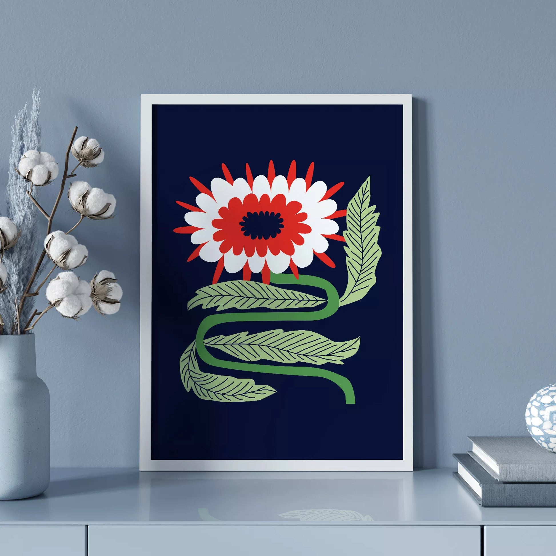 北欧フォークアートの赤白花アートポスター ミッドナイトブルー背景