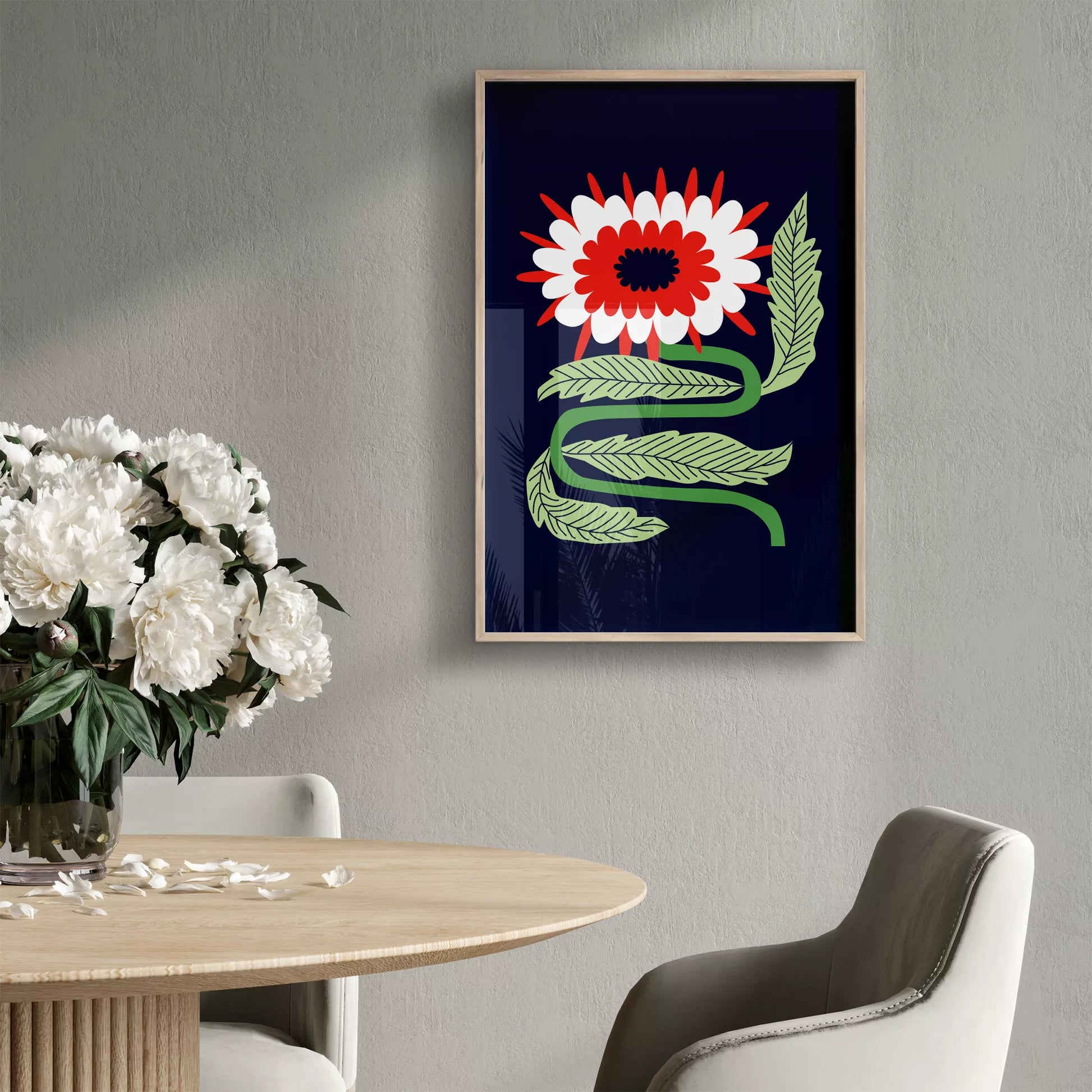 北欧フォークアートの赤白花アートポスター ミッドナイトブルー背景