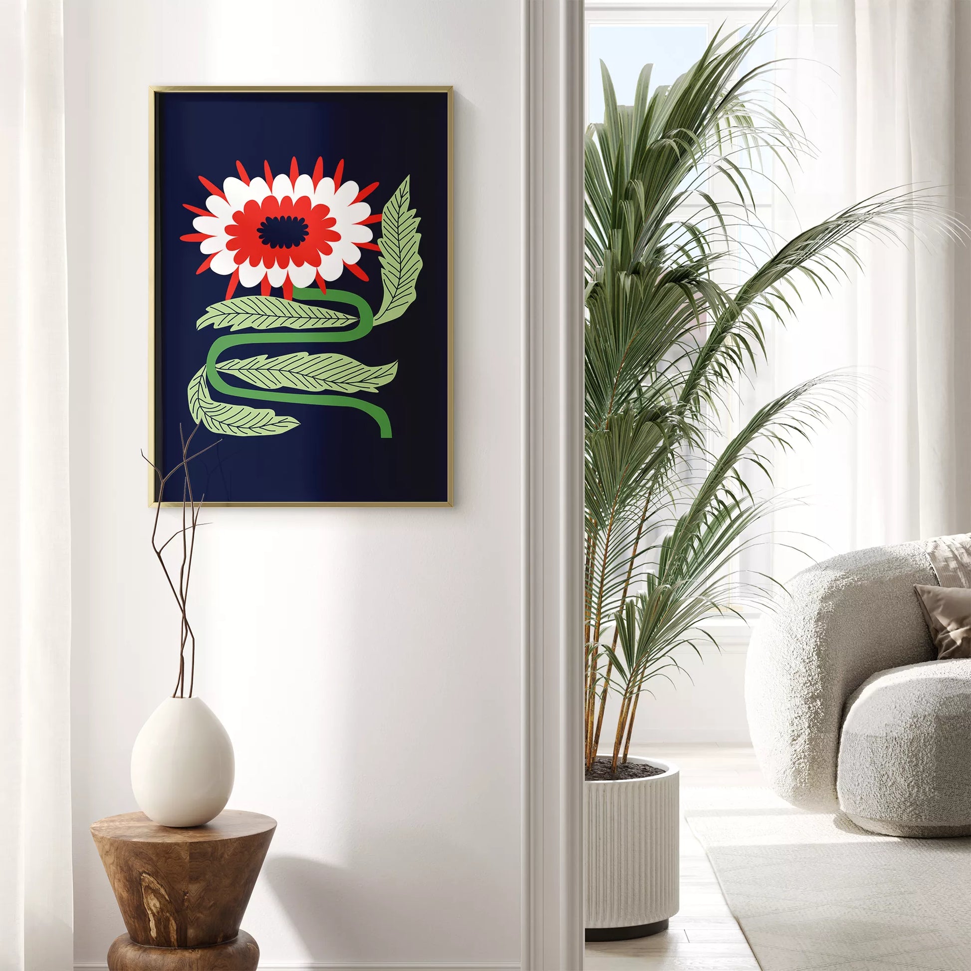 北欧フォークアートの赤白花アートポスター ミッドナイトブルー背景